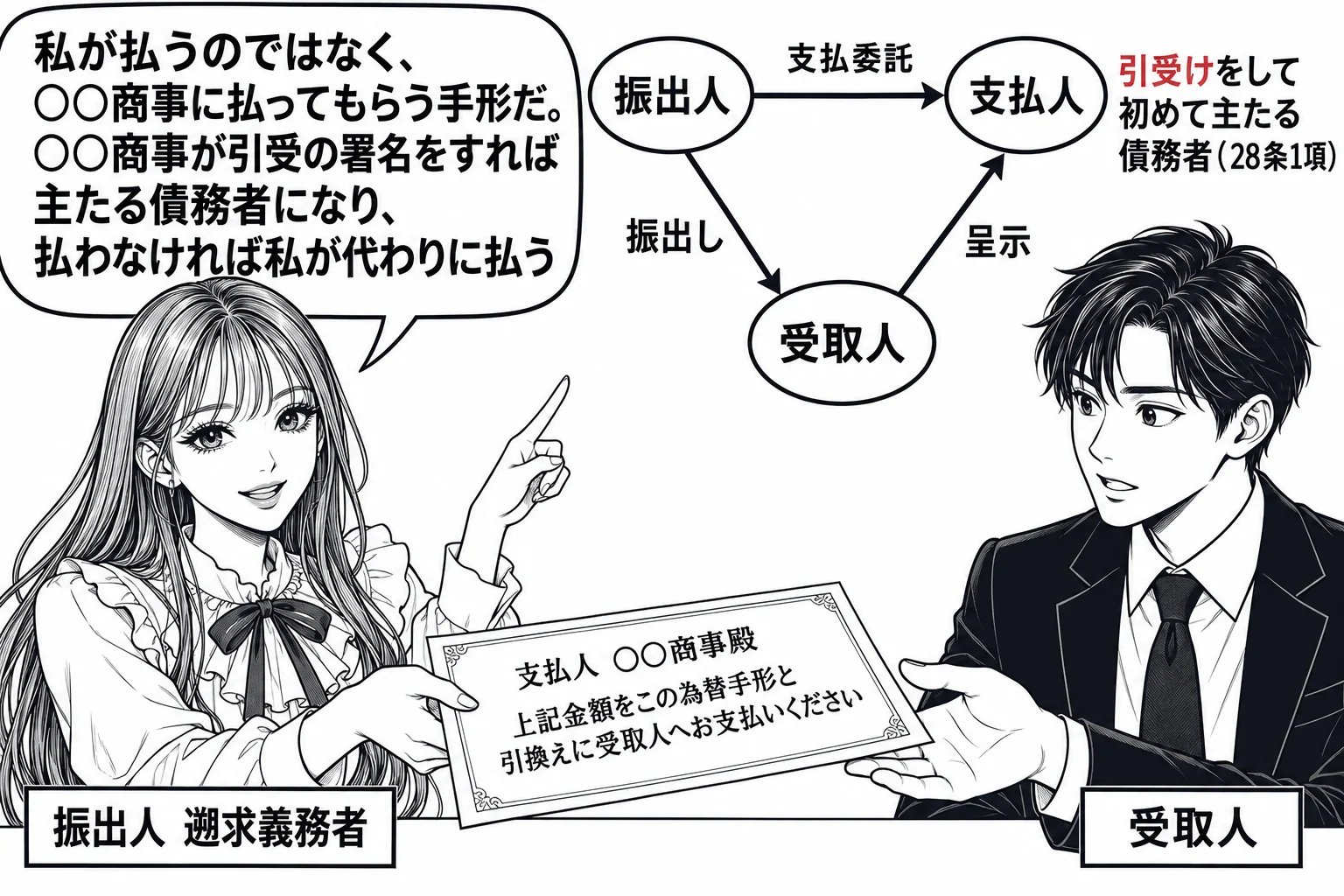 商談室の場面。先生が振出人役（札「振出人　遡求義務者」）で、為替手形を受取人役の男性（札「受取人」）に手渡しながら、壁に貼った図を指している。図は三角形で「振出人 →（支払委託）→ 支払人」「振出人 →（振出し）→ 受取人」「受取人 →（呈