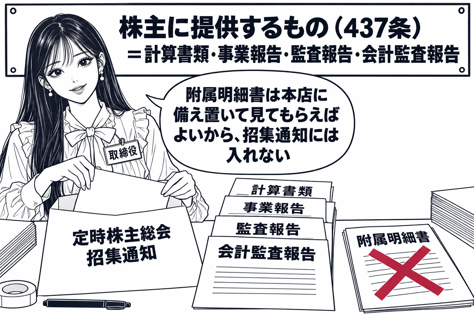会社の郵便室の場面。先生が取締役役（札「取締役」）で封筒「定時株主総会　招集通知」に書類を入れている。封筒の横に入れる書類の束「計算書類」「事業報告」「監査報告」「会計監査報告」が積まれ、机の端に深紅の×印を付けた書類「附属明細書」が封筒の