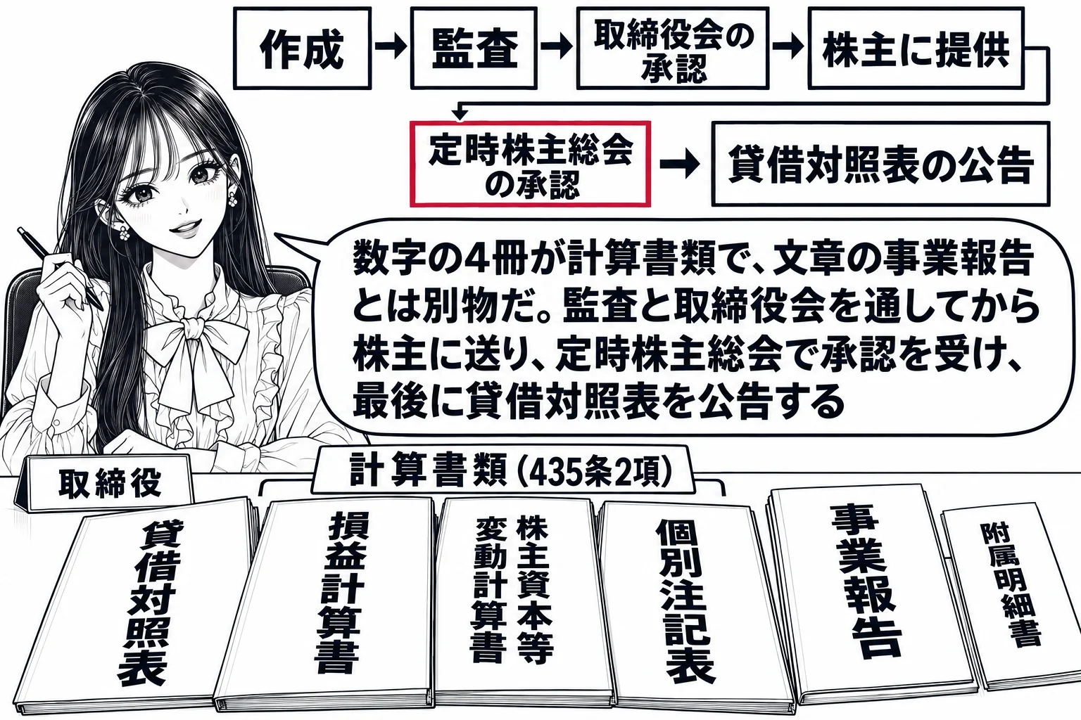 会社の会議室の場面。先生が取締役役（札「取締役」）で机に座り、机の上に4冊の書類「貸借対照表」「損益計算書」「株主資本等変動計算書」「個別注記表」を扇形に並べ、その上に札「計算書類（435条2項）」。その横に別の書類「事業報告」と薄い書類「