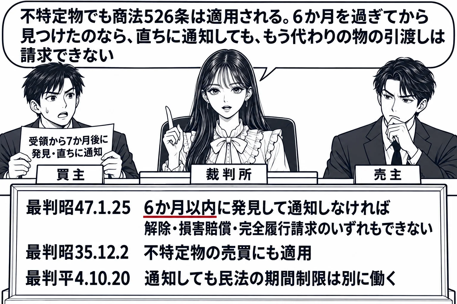法廷の場面。先生が裁判官役（札「裁判所」）で法壇に座る。原告席に男性（札「買主」）が「受領から7か月後に発見・直ちに通知」と書いた紙を掲げ、被告席に男性（札「売主」）。法壇の前の板書「最判昭47.1.25　6か月以内に発見して通知しなければ