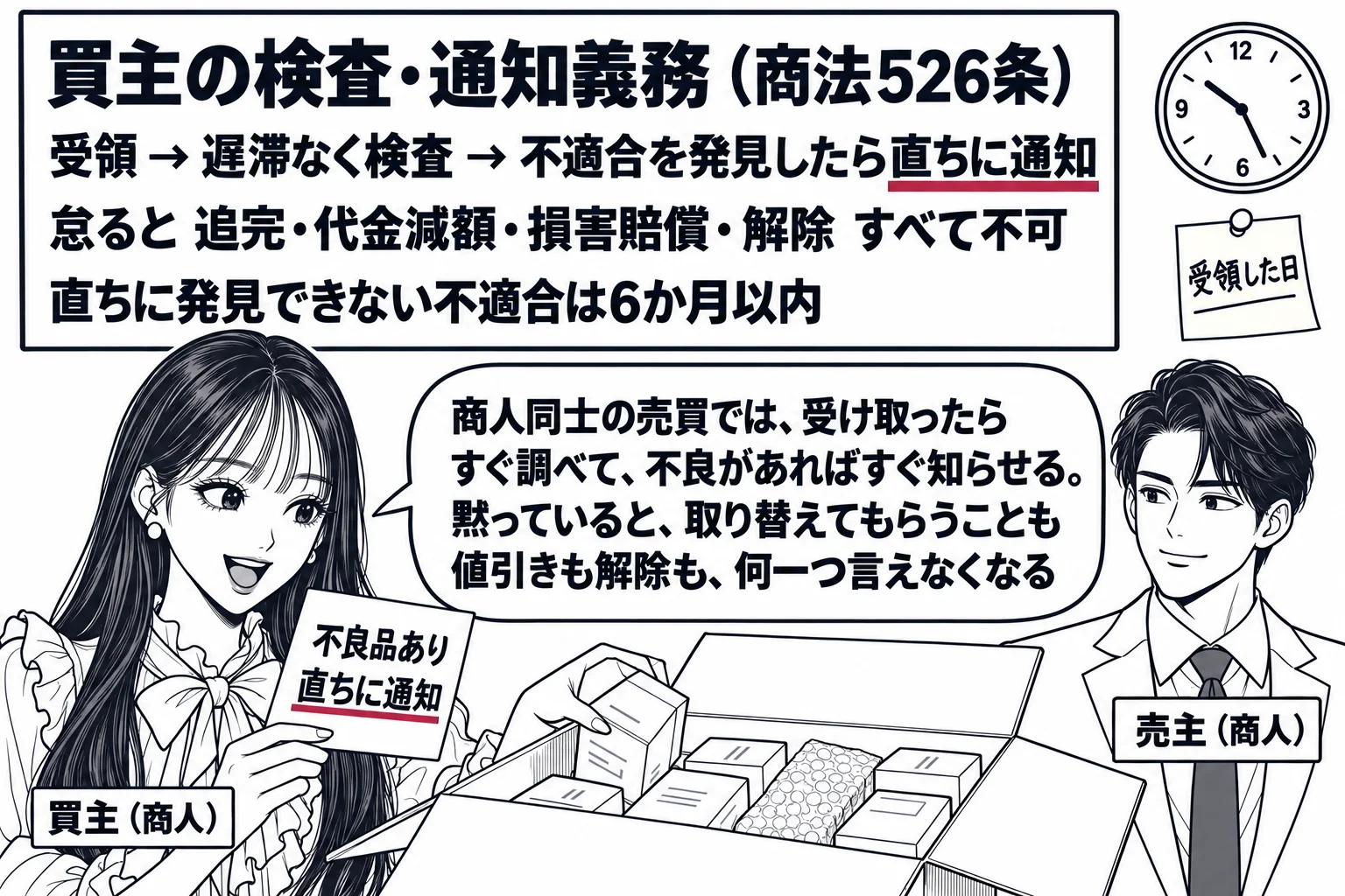 商店の荷受け場の場面。先生が買主の店主役（札「買主（商人）」）で、届いたばかりの段ボール箱を開けて商品を一つ一つ検品し、手に「不良品あり　直ちに通知」と書いた葉書を持っている。壁の時計と「受領した日」の付箋。奥に小さく男性（札「売主（商人）