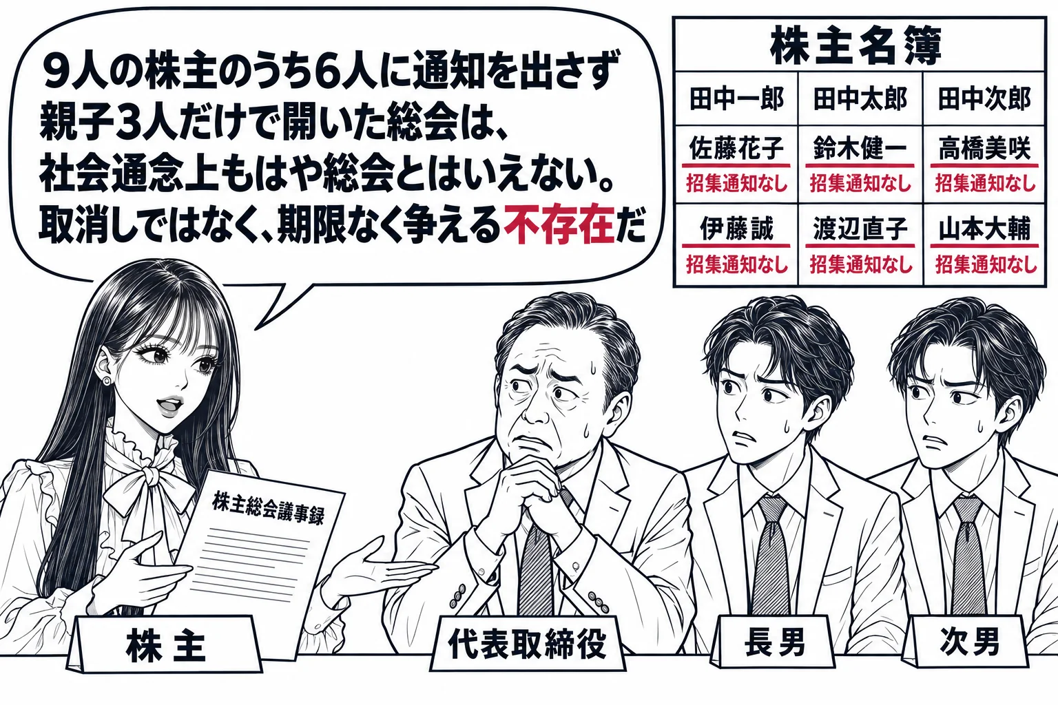 小さな会社の応接室の場面。先生が株主役（札「株主」）で手に書面「株主総会議事録」を持ち、机の向こうに社長の男性（札「代表取締役」）と息子2人が座っている。壁の株主名簿には9人の名前があり、そのうち6人の名前に深紅の下線、横に深紅の文字「招集