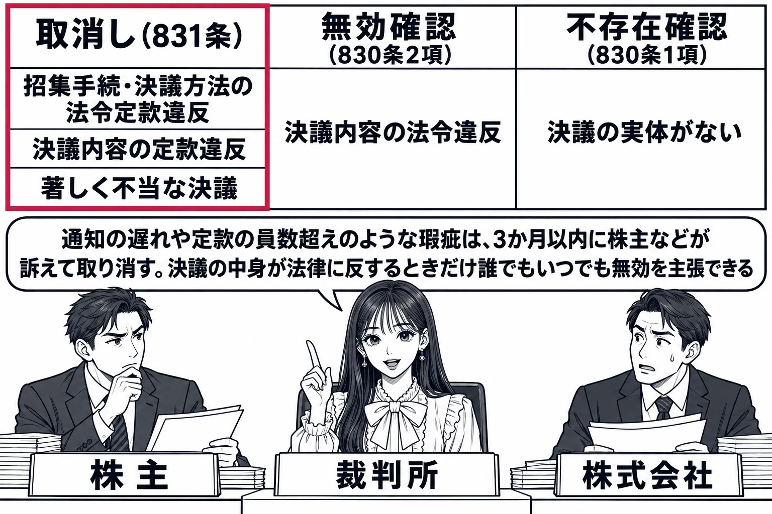法廷の場面。先生が裁判官役（札「裁判所」）で法壇に座り、原告席に男性株主（札「株主」）、被告席に会社の担当者の男性（札「株式会社」）。黒板に3列の表。見出しは左から「取消し（831条）」「無効確認（830条2項）」「不存在確認（830条1項
