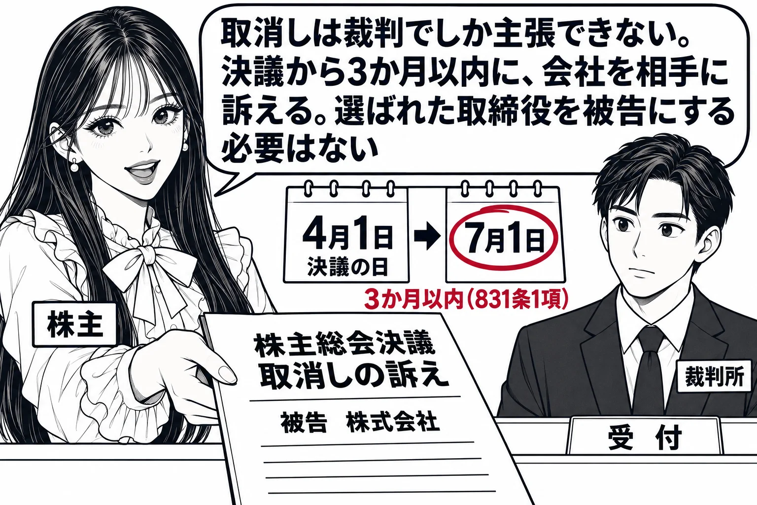 裁判所の窓口の場面。先生が株主役（札「株主」）でカウンターに訴状「株主総会決議取消しの訴え　被告　株式会社」を差し出し、カウンターの奥に書記官の男性（札「裁判所」）。壁のカレンダーに「決議の日」と、その3か月後の日に深紅の丸印、横に深紅の文