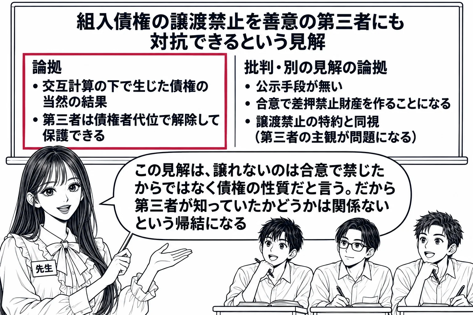 教室の板書の場面。先生（札「先生」）が黒板の前に立ち、黒板に「組入債権の譲渡禁止を善意の第三者にも対抗できるという見解」と題し、左に「論拠　・交互計算の下で生じた債権の当然の結果　・第三者は債権者代位で解除して保護できる」、右に「批判・別の