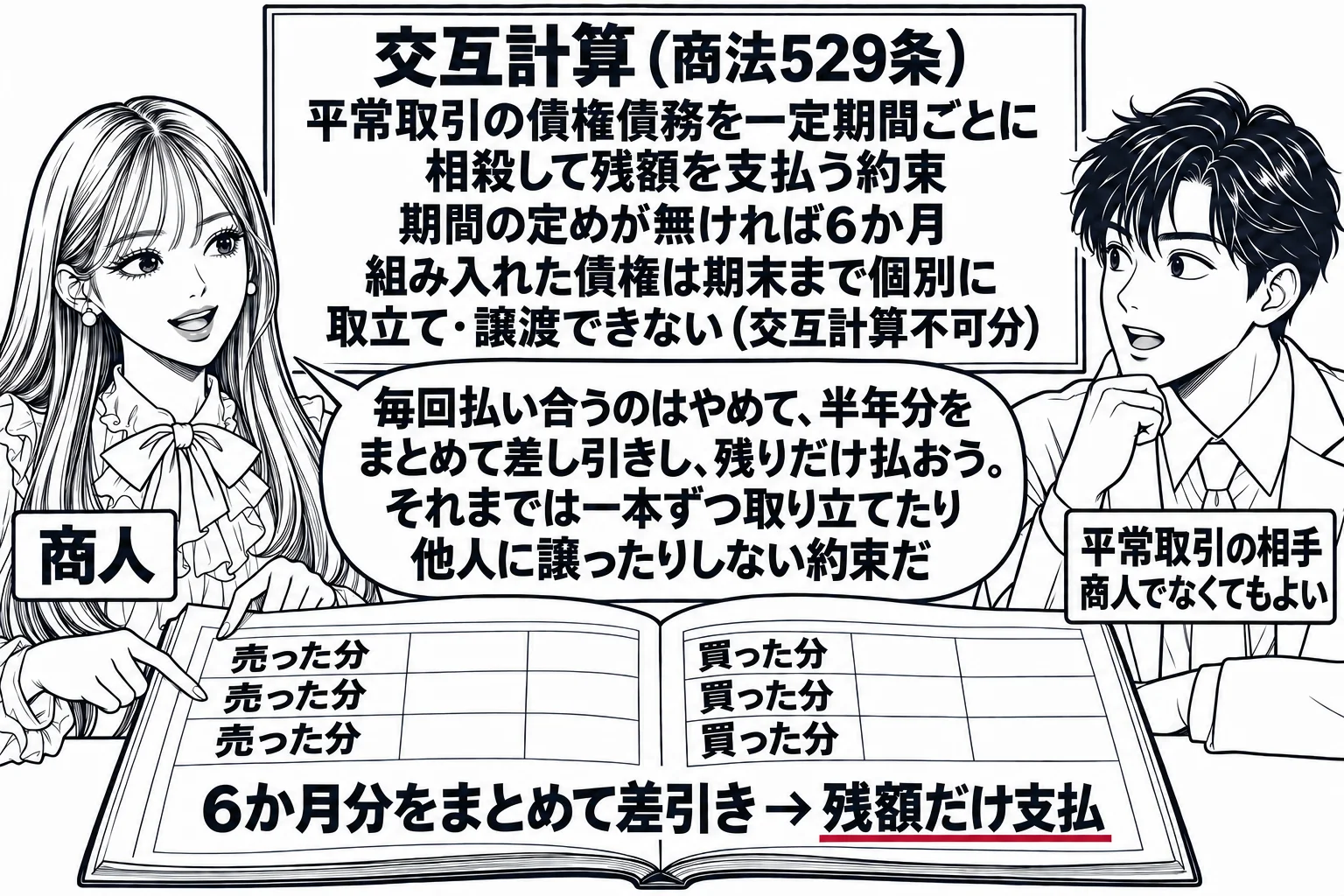 商店の帳場の場面。先生が店主役（札「商人」）で大きな帳簿を開き、帳簿の左ページに「売った分」の行が並び、右ページに「買った分」の行が並び、一番下に「6か月分をまとめて差引き → 残額だけ支払」。向かいに男性（札「平常取引の相手　商人でなくて