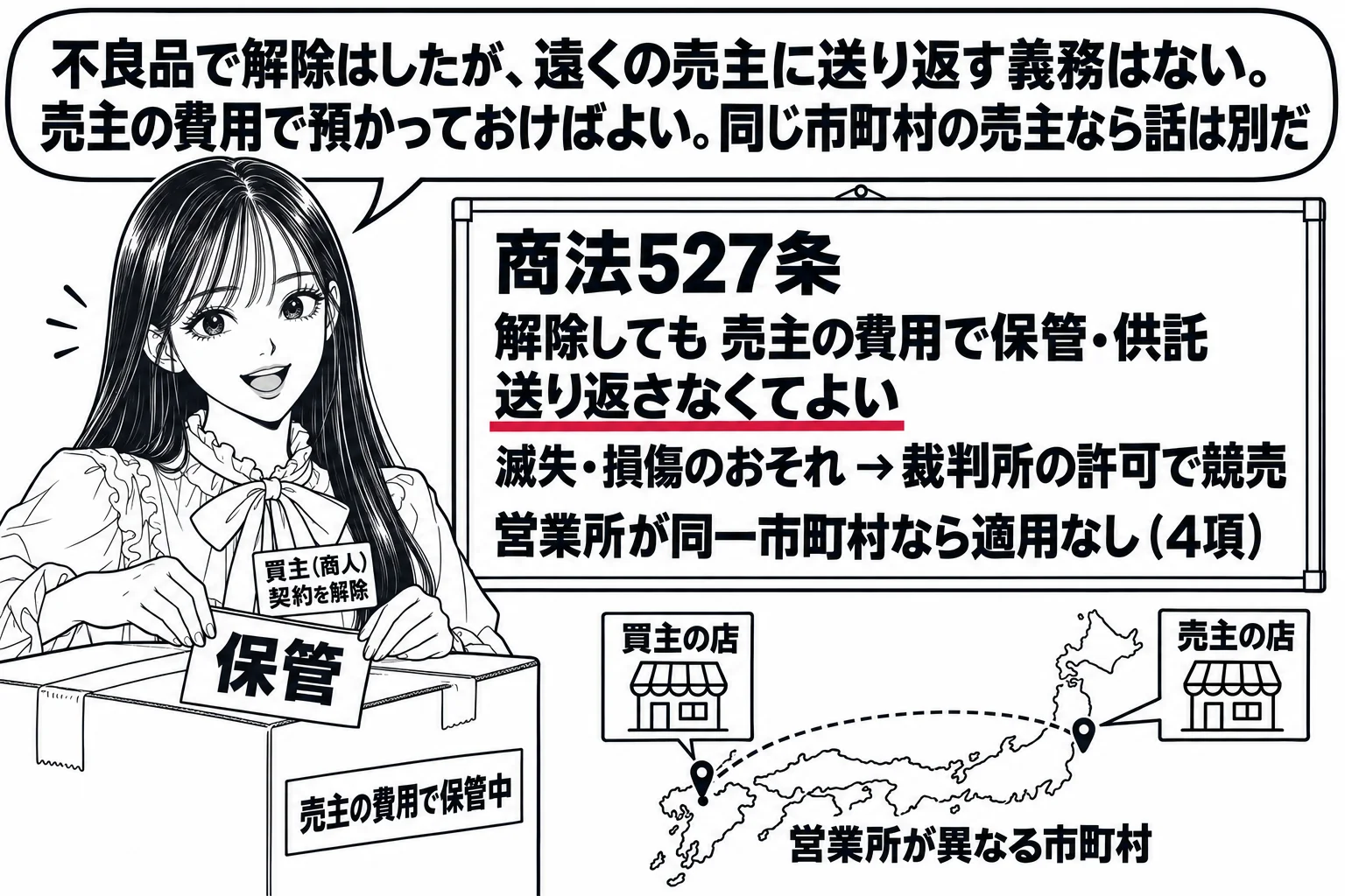 商店の倉庫の場面。先生が買主の店主役（札「買主（商人）　契約を解除」）で、不良品の箱（札「売主の費用で保管中」）に「保管」の札を貼っている。壁に日本地図の簡単な絵で、買主の店と売主の店に離れた2つの印（札「営業所が異なる市町村」）。壁の板書