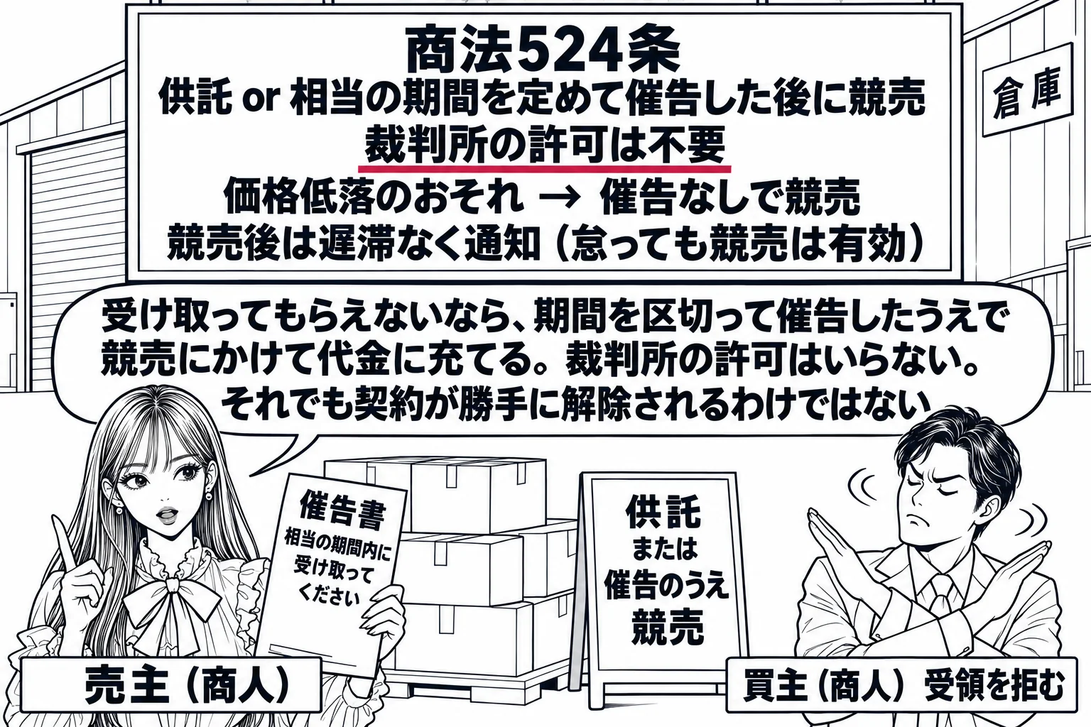 倉庫の前の場面。先生が売主役（札「売主（商人）」）で、積み上がった商品の箱の横に立ち、手に「催告書　相当の期間内に受け取ってください」と書いた書面。向かいの男性（札「買主（商人）　受領を拒む」）が首を横に振っている。箱の横に立て札「供託　ま