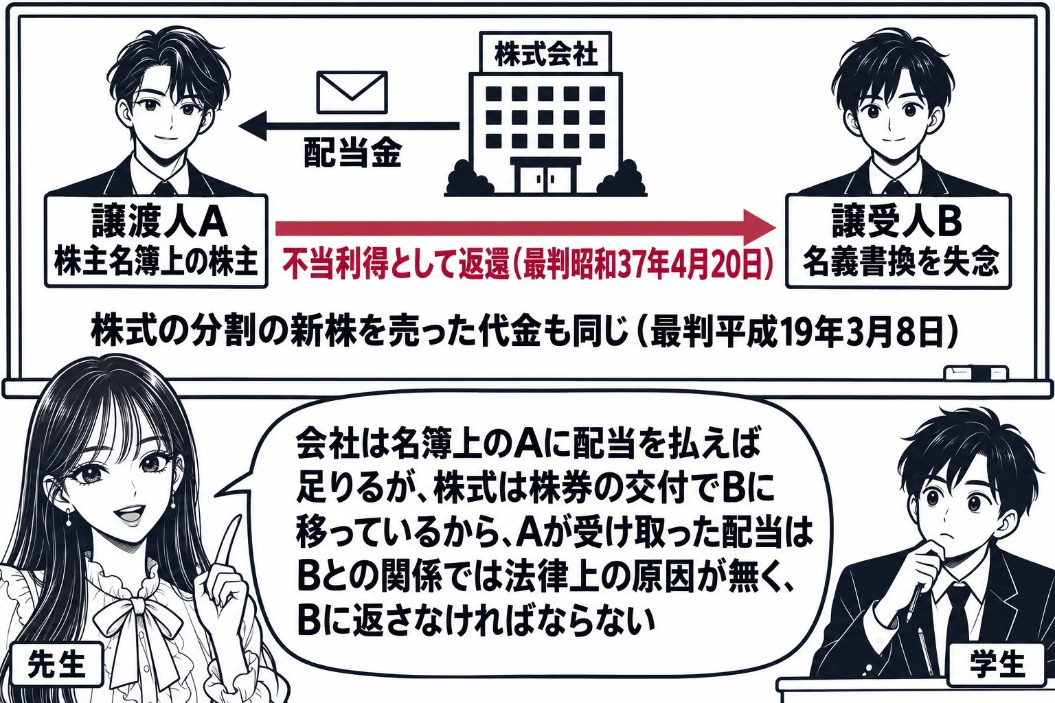 教室の場面。先生が黒板の前に立ち、黒板に3人の人物の絵を横に並べる。左に札「譲渡人A　株主名簿上の株主」、中央に会社のビルの絵と札「株式会社」、右に札「譲受人B　名義書換を失念」。会社からAへ矢印と封筒の絵「配当金」。AからBへ深紅の矢印と