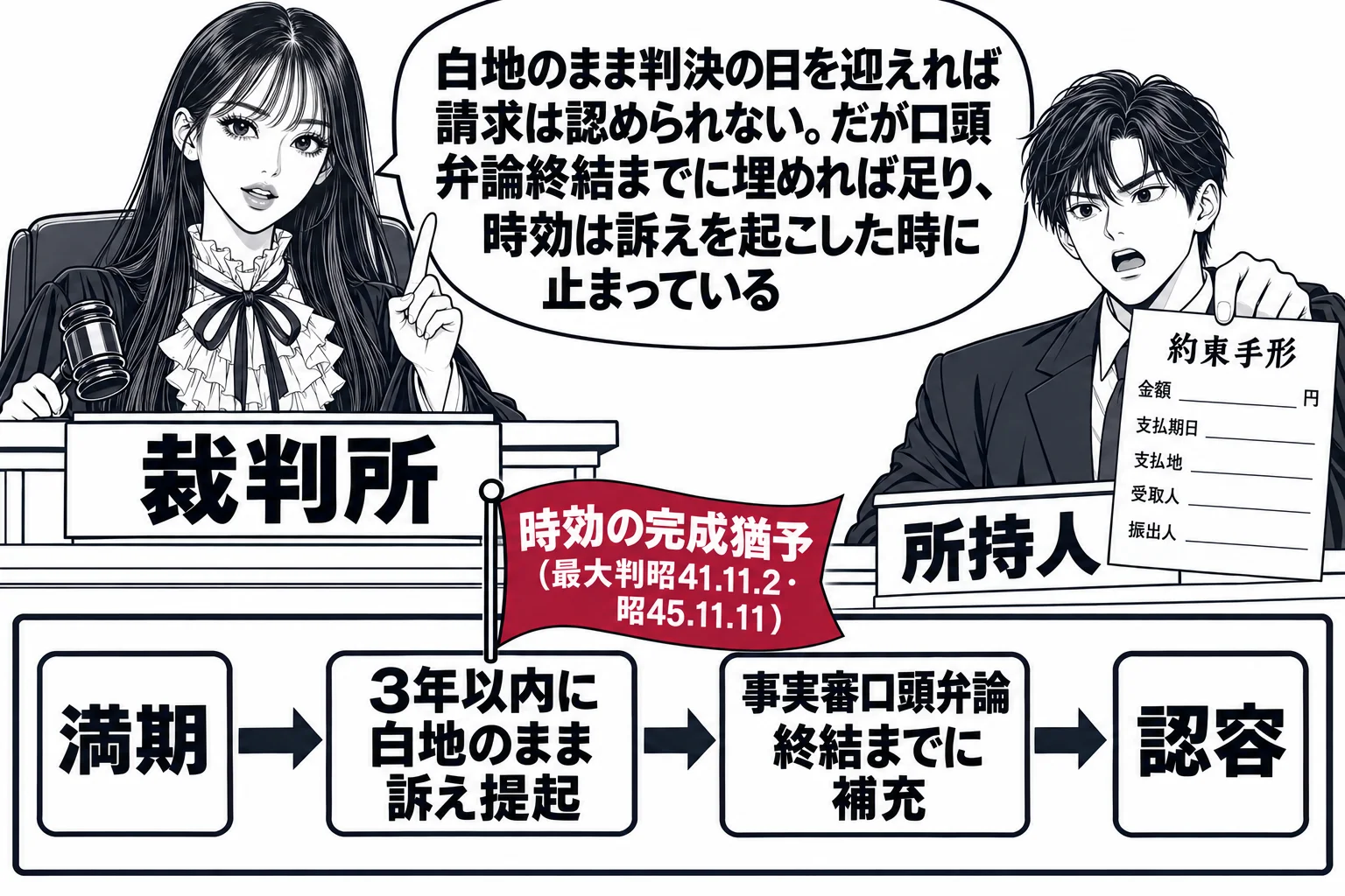 法廷の場面。先生が裁判官役（札「裁判所」）で法壇に座り、原告席の男性（札「所持人」）が手形を掲げている。法壇の前に時系列の板書「満期 → 3年以内に白地のまま訴え提起 → 事実審口頭弁論終結までに補充 → 認容」、「訴え提起」の位置に旗印「