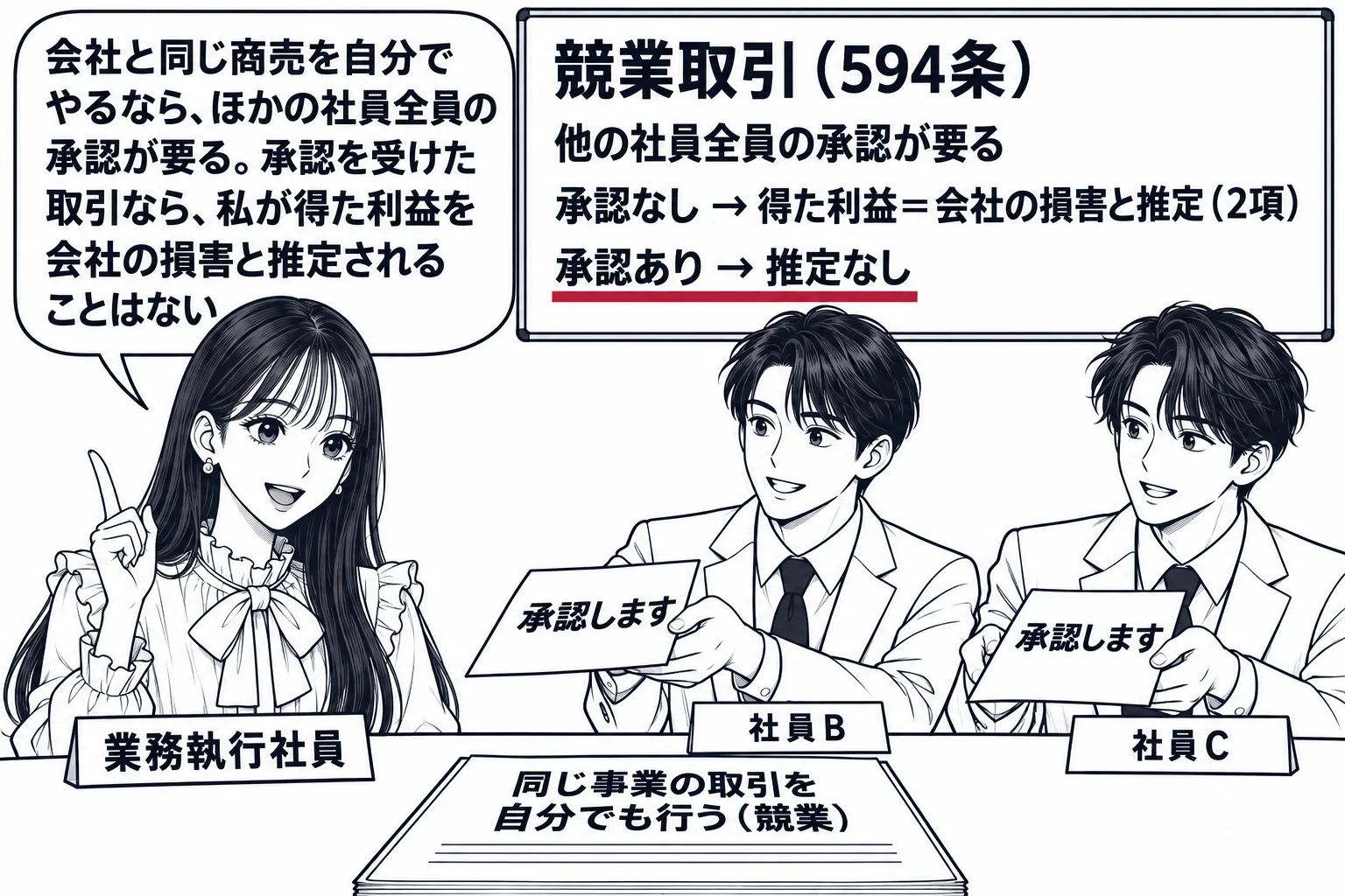 合同会社の会議室の場面。先生（札「業務執行社員」）がテーブルに座り、向かいに2人の男性社員（札「社員B」「社員C」）が書面「承認します」を差し出す。テーブルの上に書類「同じ事業の取引を自分でも行う（競業）」。壁の板書「競業取引（594条）　