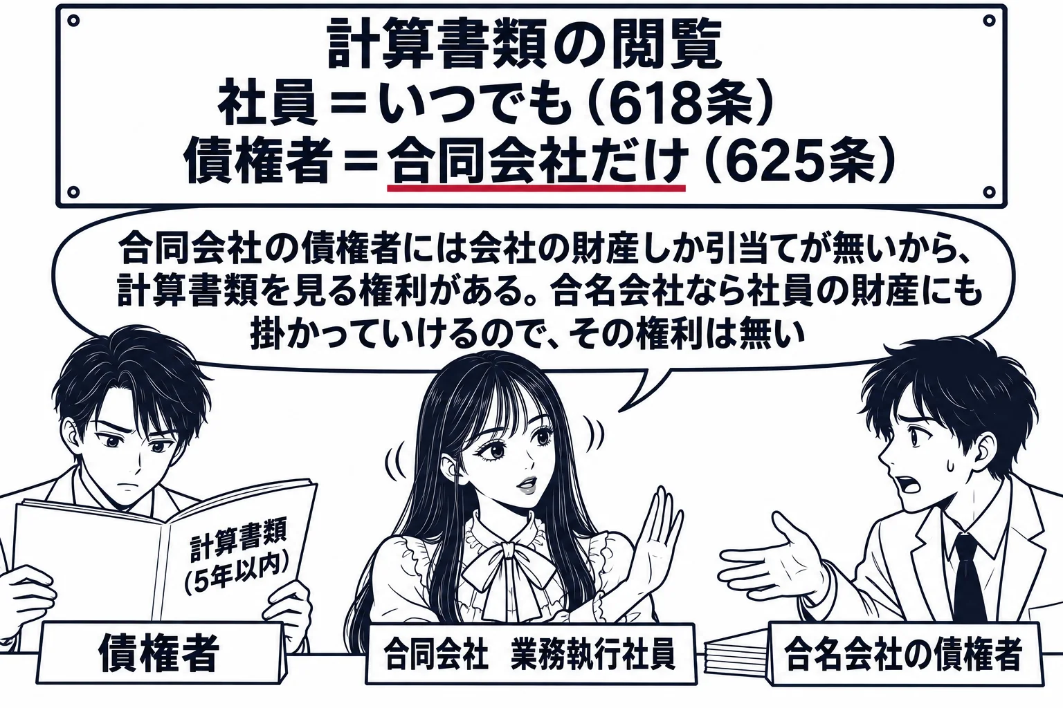 合同会社の事務所の受付の場面。先生（札「合同会社　業務執行社員」）がカウンターに立ち、男性の取引先（札「債権者」）がファイル「計算書類（5年以内）」を閲覧している。隣に別の男性（札「合名会社の債権者」）が同じ請求をして、先生が首を横に振って