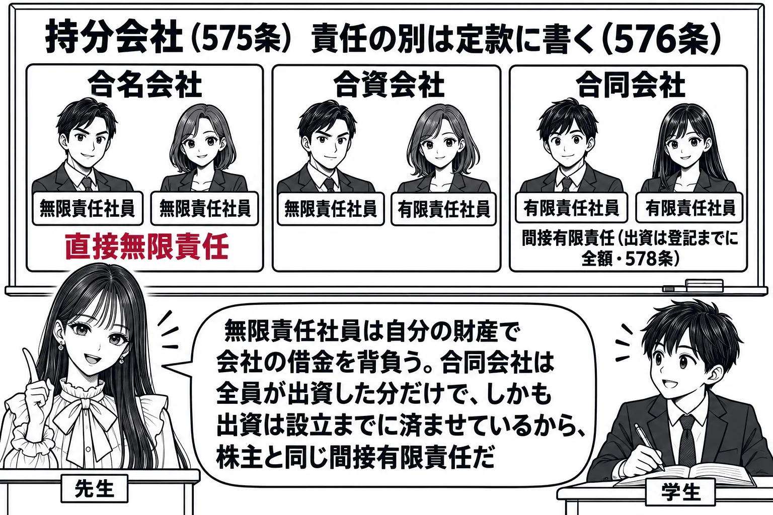 教室の場面。先生が教壇に立ち、黒板に3つの枠を横に並べた板書。左の枠「合名会社」の中に人物の絵2人と札「無限責任社員」「無限責任社員」、中央の枠「合資会社」の中に札「無限責任社員」「有限責任社員」、右の枠「合同会社」の中に札「有限責任社員」