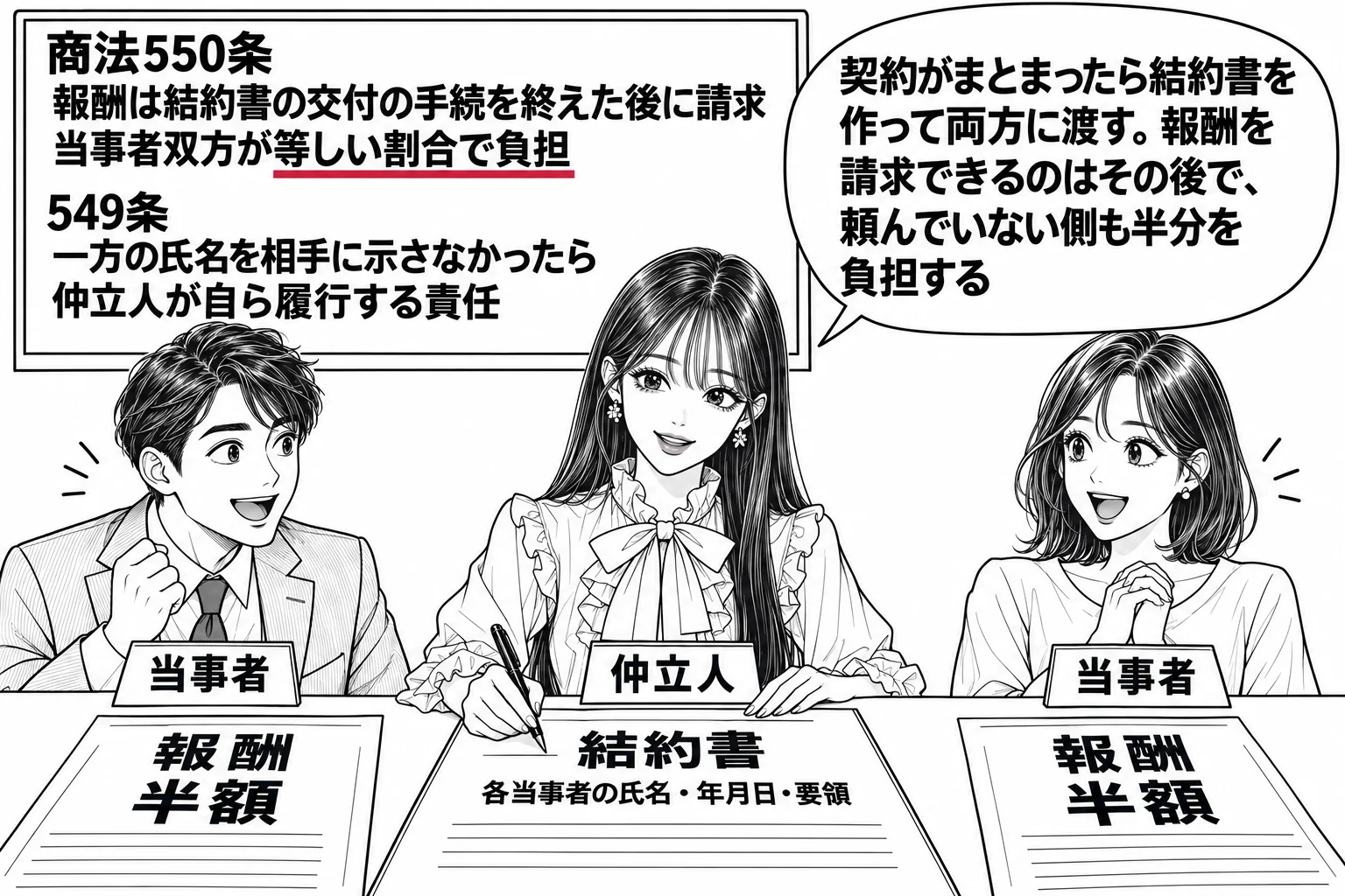 同じ旅行代理店の奥の机の場面。先生が仲立人役（札「仲立人」）で「結約書　各当事者の氏名・年月日・要領」と書いた書面に署名し、机の上に2枚の請求書「報酬　半額」「報酬　半額」が左右の当事者に向けて置かれている。壁の板書「商法550条　報酬は結