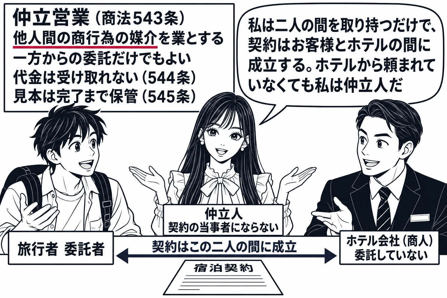 旅行代理店のカウンターの場面。先生が仲立人役（札「仲立人　契約の当事者にならない」）でカウンターの中央に立ち、左に男性の旅行者（札「旅行者　委託者」）、右に男性のホテル支配人（札「ホテル会社（商人）　委託していない」）。二人の間に契約書「宿