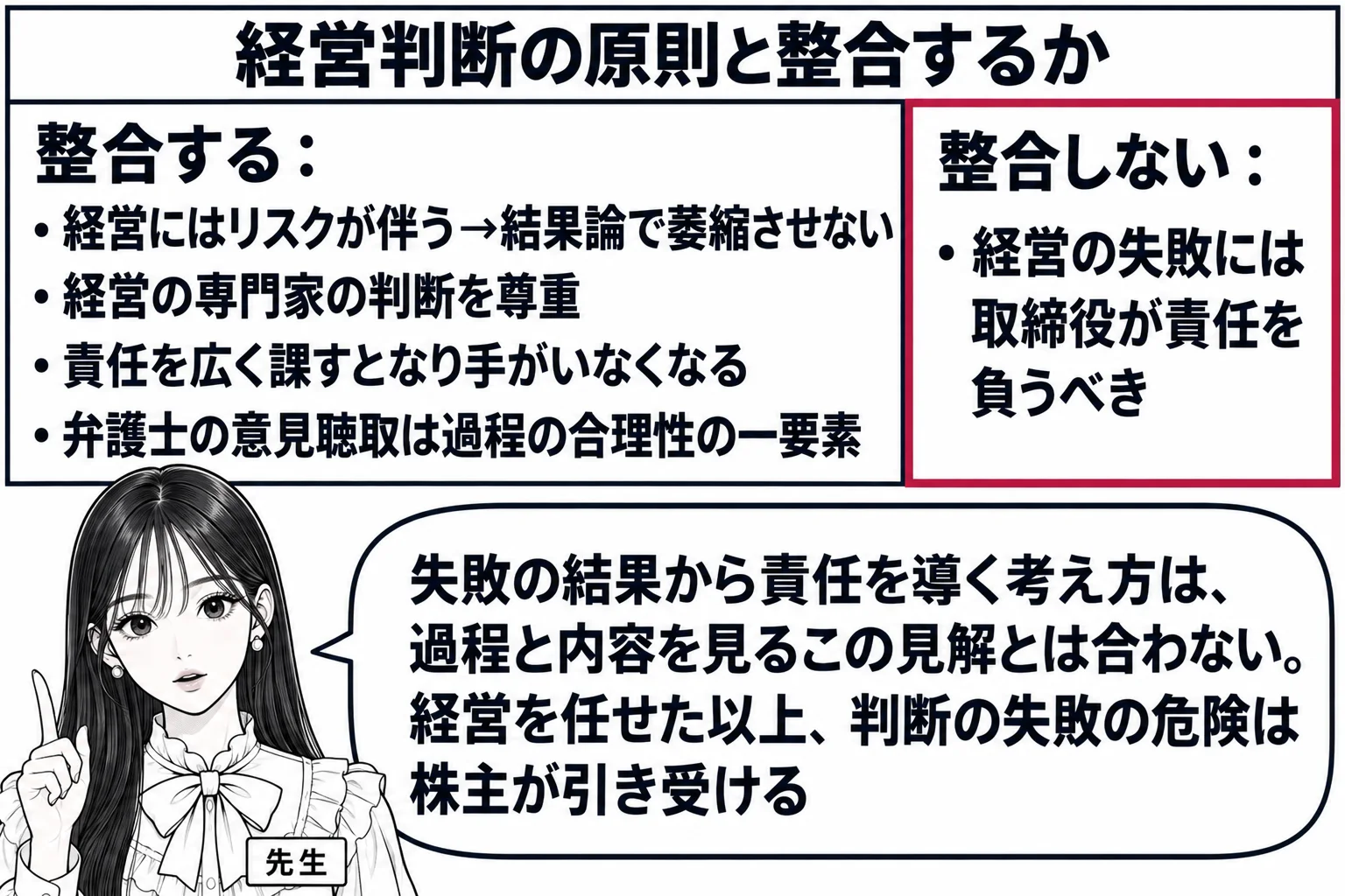 教室の板書の場面。先生が黒板の前に立ち（札「先生」）、黒板に見出し「経営判断の原則と整合するか」と2列の表。左の列「整合する：経営にはリスクが伴う→結果論で萎縮させない／経営の専門家の判断を尊重／責任を広く課すとなり手がいなくなる／弁護士の