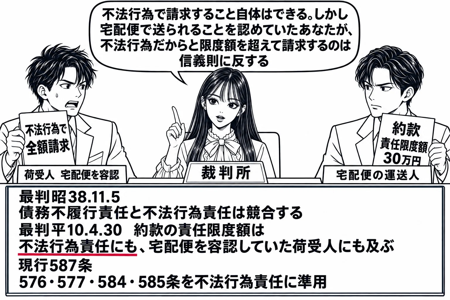 法廷の場面。先生が裁判官役（札「裁判所」）で法壇に座る。原告席に男性（札「荷受人　宅配便を容認」）が「不法行為で全額請求」と書いた紙を掲げ、被告席に男性（札「宅配便の運送人」）が「約款　責任限度額30万円」と書いた札を持つ。法壇の前の板書「