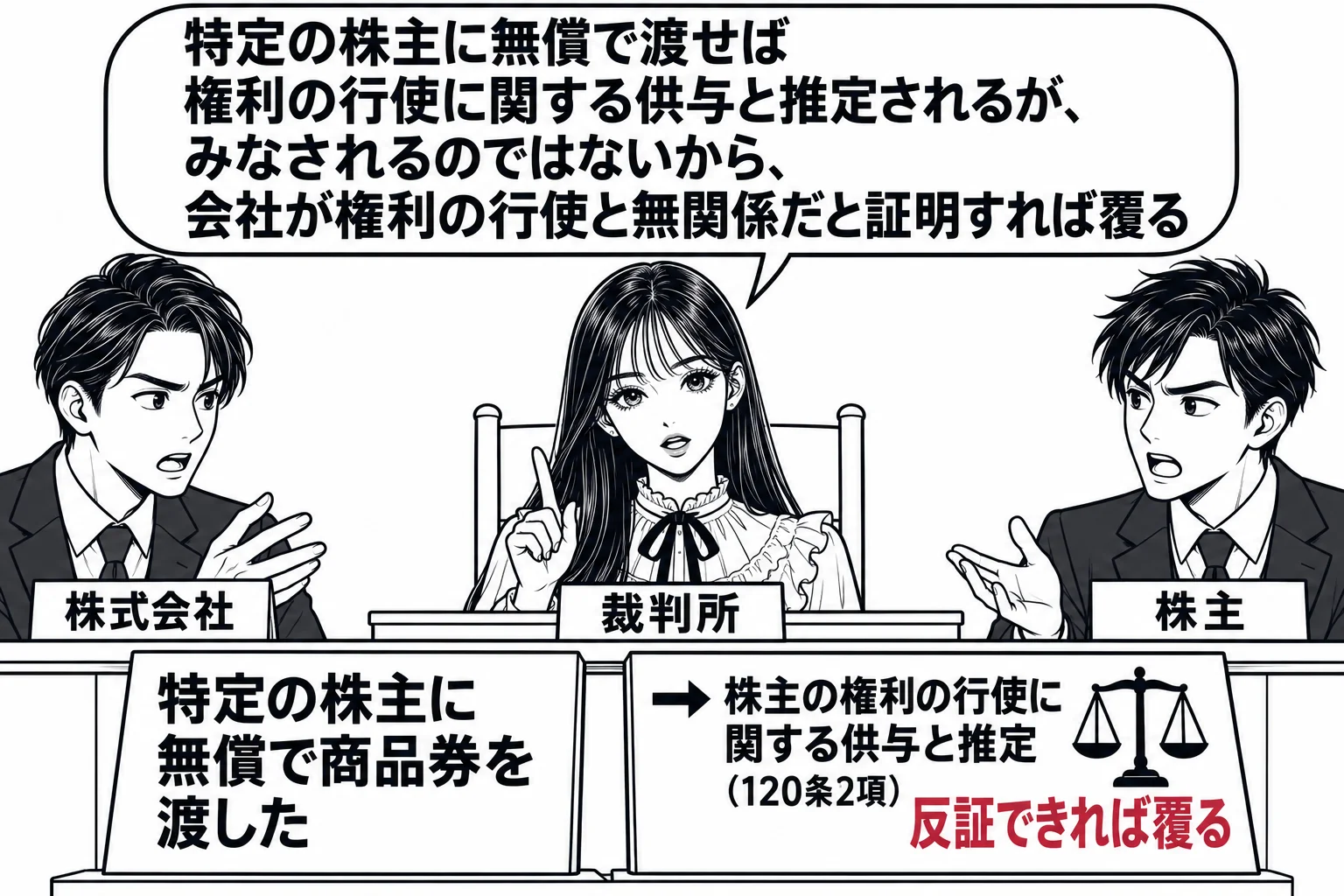 法廷の場面。先生が裁判官役（札「裁判所」）で法壇に座り、左に会社側の男性代理人（札「株式会社」）、右に原告の男性株主（札「株主」）。法壇の前に証拠の札が2枚立つ。「特定の株主に無償で商品券を渡した」「→ 株主の権利の行使に関する供与と推定（