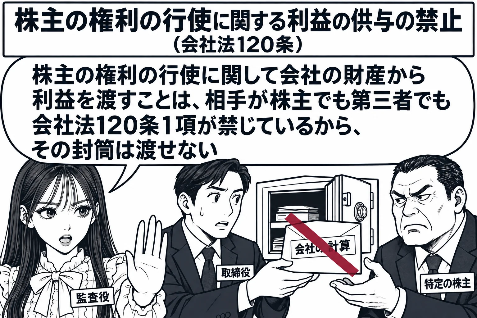 株主総会の会場の裏手の廊下の場面。先生が監査役役（札「監査役」）で立ち、目の前で会社の男性取締役（札「取締役」）が、強面の男性株主（札「特定の株主」）に会社の金庫から出した封筒（札「会社の計算」）を渡そうとしている。封筒を深紅の斜線で大きく