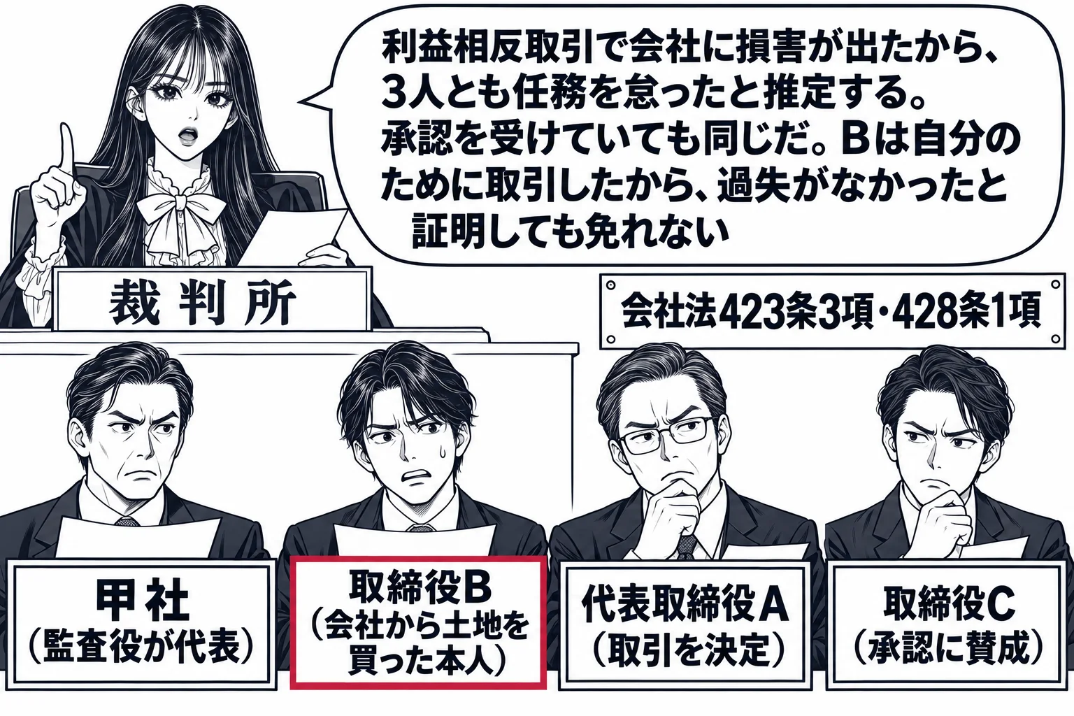 法廷の場面。先生が裁判官役（札「裁判所」）で壇上に座り、被告席に男性取締役3人が並ぶ。それぞれの前に札「取締役B（会社から土地を買った本人）」「代表取締役A（取引を決定）」「取締役C（承認に賛成）」。原告席に男性（札「甲社（監査役が代表）」