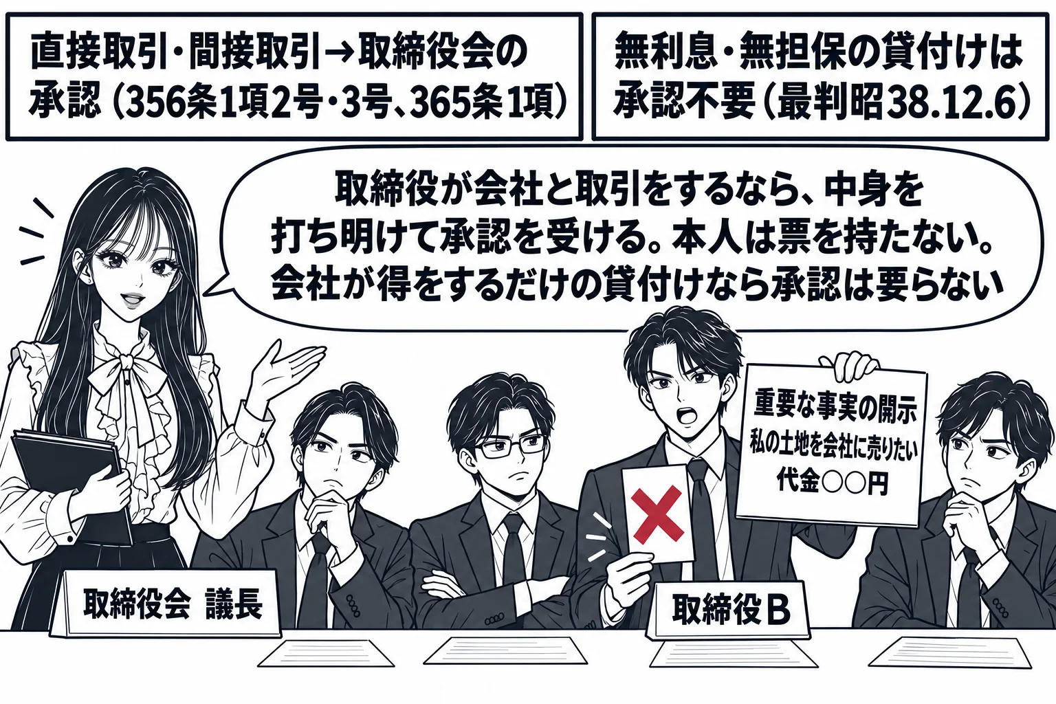 取締役会の会議室の場面。先生が議長役（札「取締役会　議長」）で立ち、机に男性取締役が4人座る。1人の取締役（札「取締役B」）が立って手に書類「重要な事実の開示　私の土地を会社に売りたい　代金○○円」を掲げ、Bの前の投票札に深紅の×印。壁の板