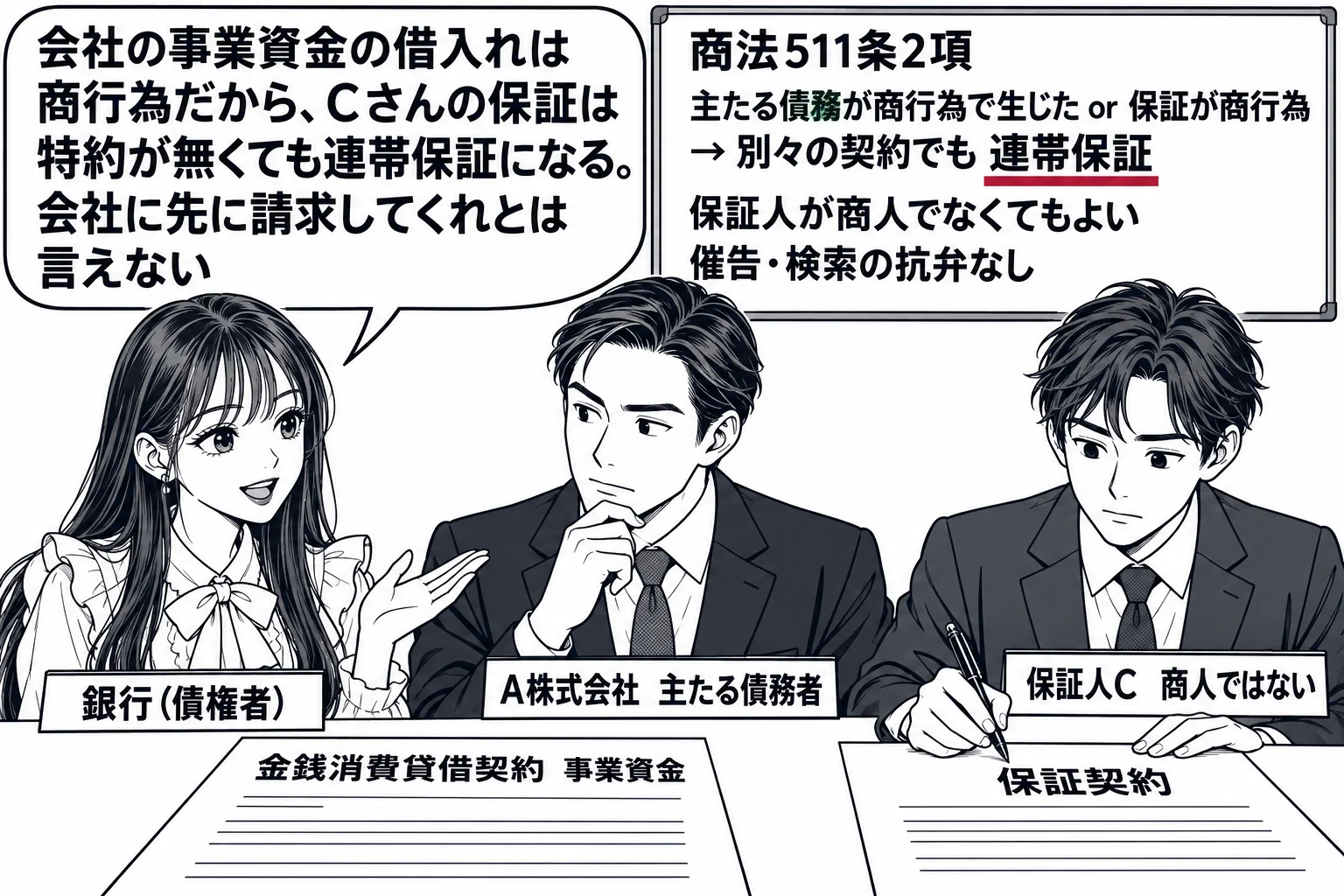 銀行の融資窓口の場面。先生が銀行員役（札「銀行（債権者）」）で窓口に座り、向かいに男性社長（札「A株式会社　主たる債務者」）と、その隣で保証書に署名する男性（札「保証人C　商人ではない」）。机の上に書類「金銭消費貸借契約　事業資金」「保証契