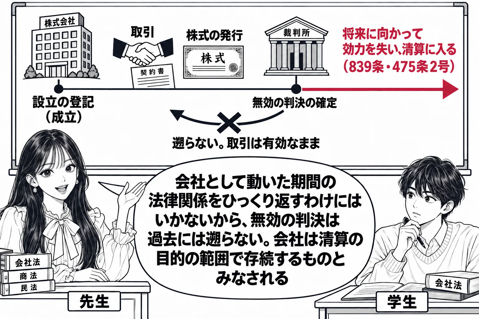 教室の場面。先生が教壇に立ち、黒板に横一本の時間の線を描く。線の左端に「設立の登記（成立）」、中ほどに「取引」「株式の発行」の小さな絵、右寄りに裁判所の絵と「無効の判決の確定」。判決の点から右へ深紅の矢印と深紅の文字「将来に向かって効力を失