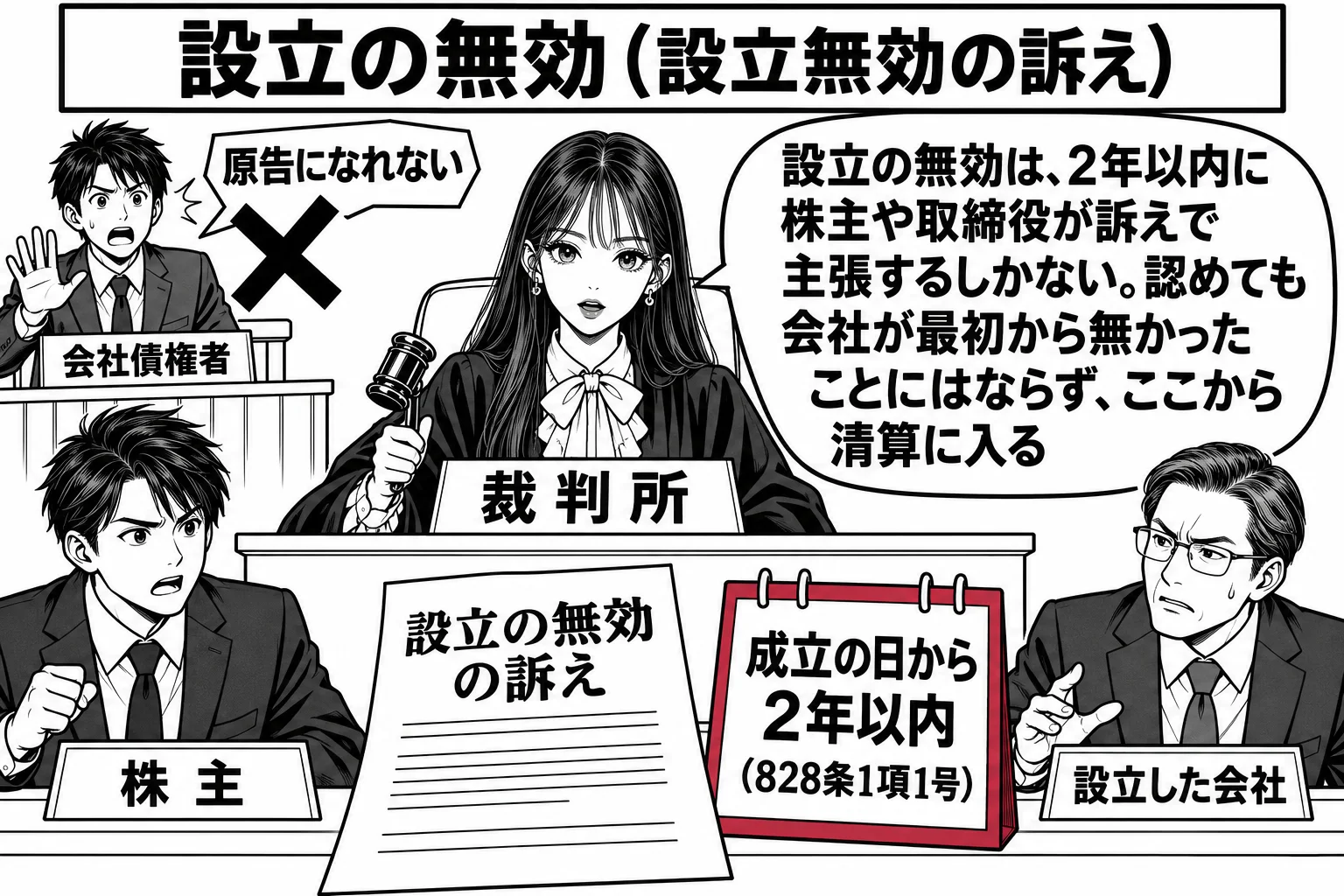 法廷の場面。先生が裁判官役（札「裁判所」）で法壇に座る。原告席に株主の男性（札「株主」）、被告席に会社の代表者の男性（札「設立した会社」）。法壇の前に「設立の無効の訴え」と書かれた訴状と、カレンダーの絵に深紅の枠で「成立の日から2年以内（8
