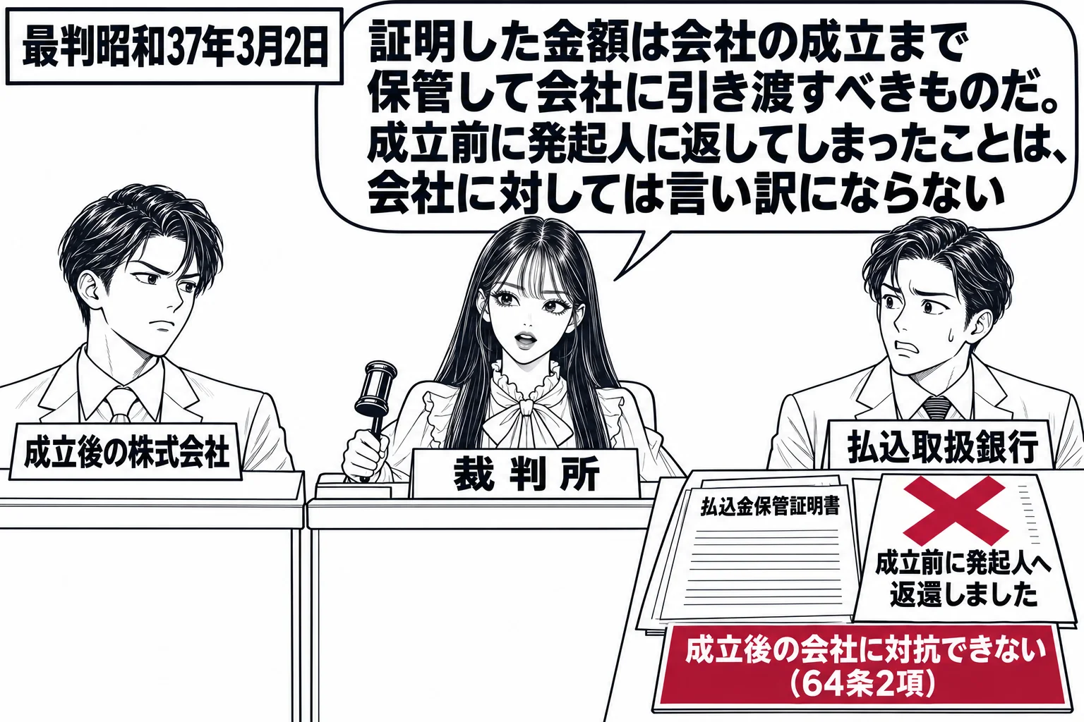 法廷の場面。先生が裁判官役（札「裁判所」）で法壇に座る。原告席に会社の代表者の男性（札「成立後の株式会社」）、被告席に銀行員の男性（札「払込取扱銀行」）。被告席の机に「払込金保管証明書」の紙と、その横に「成立前に発起人へ返還しました」と書か