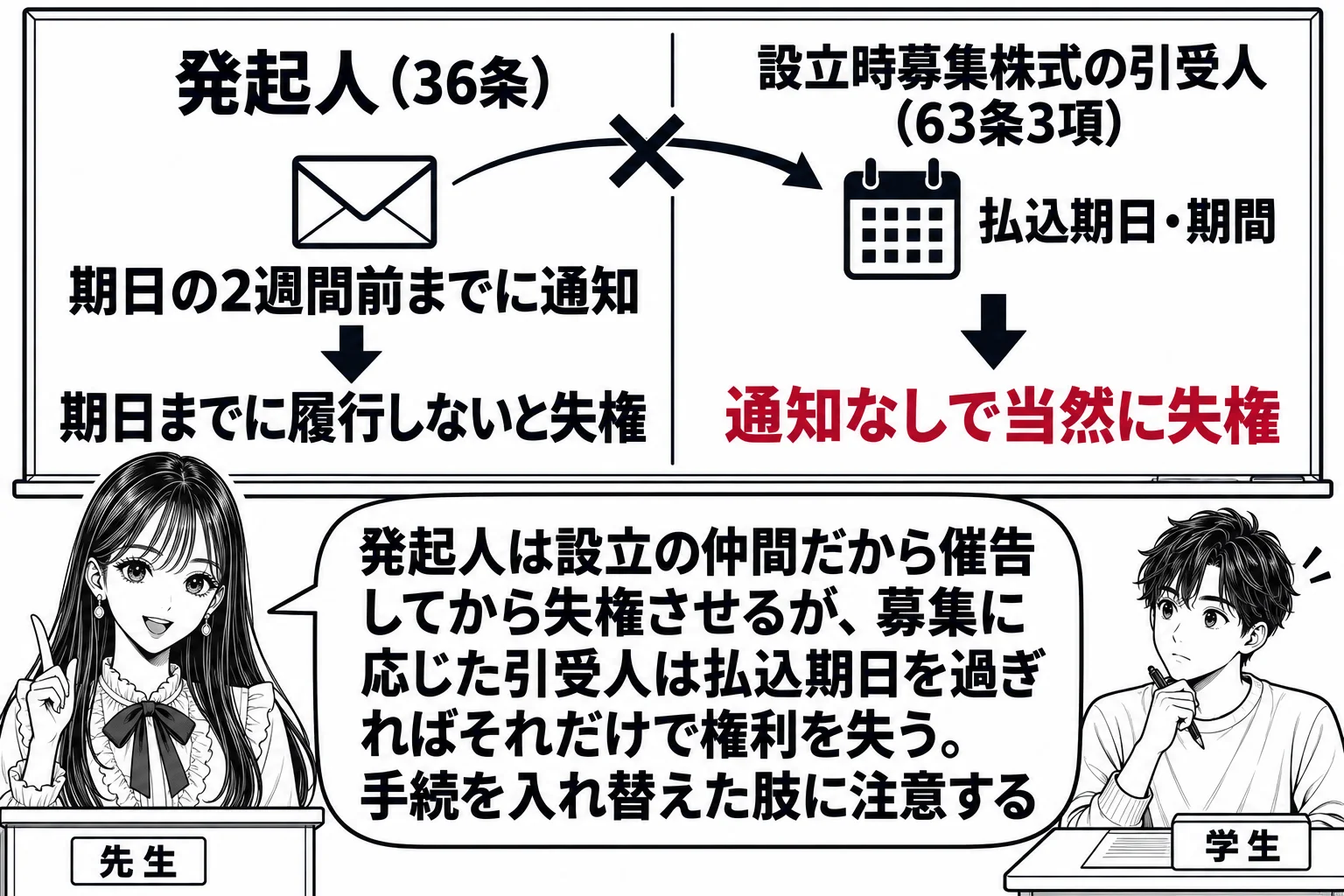 教室の場面。先生が教壇に立ち、黒板を左右に割る。左の見出し「発起人（36条）」の下に、封筒の絵と「期日の2週間前までに通知」、その下に矢印と「期日までに履行しないと失権」。右の見出し「設立時募集株式の引受人（63条3項）」の下に、カレンダー