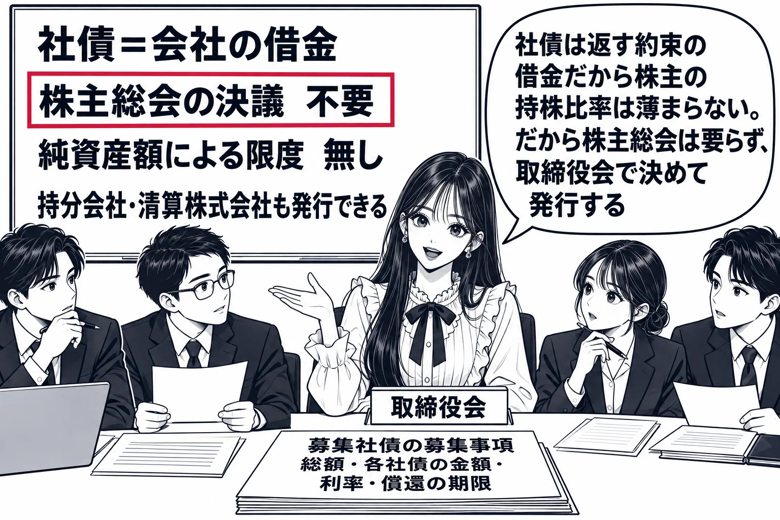 取締役会の会議室の場面。先生が取締役役（札「取締役会」）で長机の上座に座り、机の上に書類「募集社債の募集事項　総額・各社債の金額・利率・償還の期限」。壁の黒板に板書「社債＝会社の借金」「株主総会の決議　不要」「純資産額による限度　無し」「持