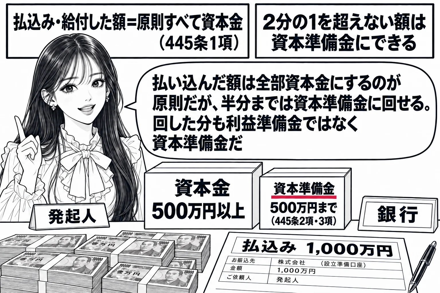 銀行の窓口の場面。先生が発起人役（札「発起人」）で窓口に立ち、カウンターに札束と伝票「払込み　1,000万円」。先生の手元に2つの箱、大きい箱に「資本金　500万円以上」、小さい箱に「資本準備金　500万円まで（445条2項・3項）」。壁の