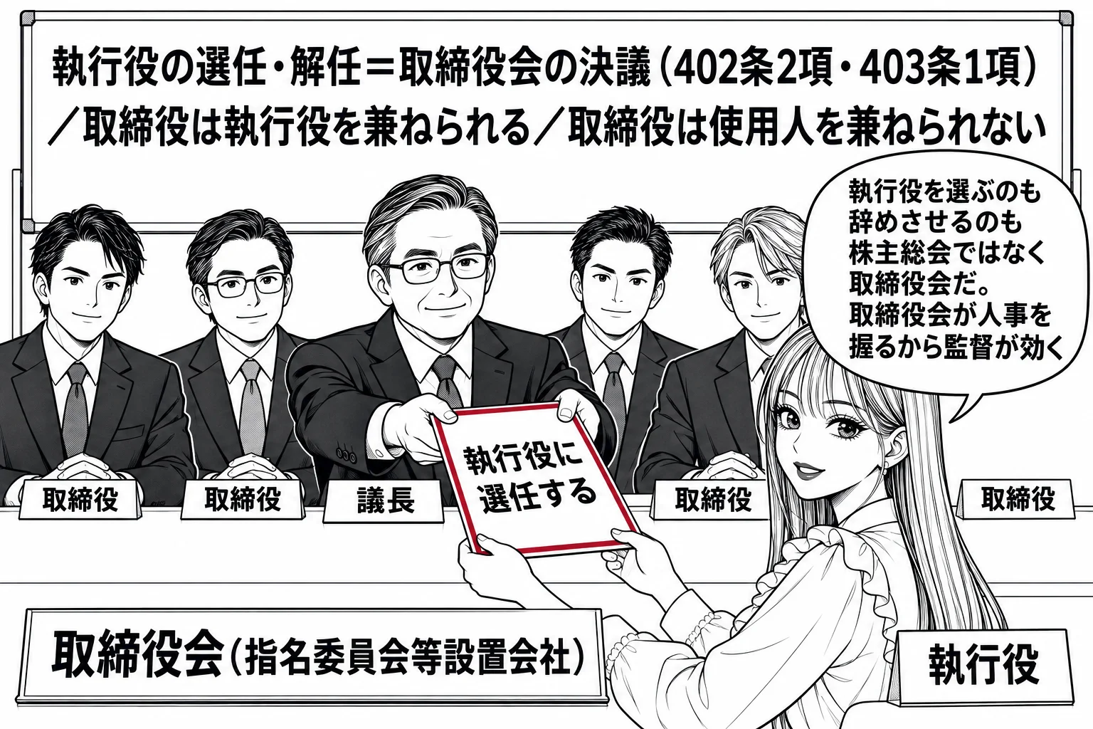 取締役会の会議室の場面。長机に男性取締役5人が座り、机の中央に札「取締役会（指名委員会等設置会社）」。先生が執行役役（札「執行役」）で机の前に立ち、議長から辞令「執行役に選任する」を受け取っている。壁のホワイトボードに「執行役の選任・解任＝