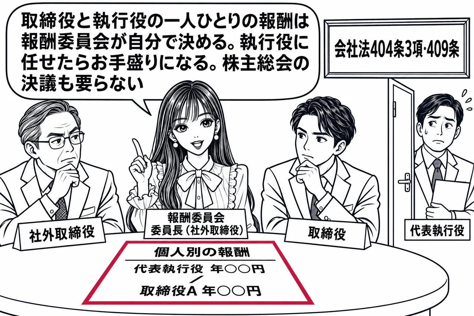 報酬委員会の会議室の場面。丸机に先生（札「報酬委員会 委員長（社外取締役）」）と男性委員2人（札「社外取締役」「取締役」）が座り、机の上に書類「個人別の報酬 代表執行役 年○○円／取締役A 年○○円」。ドアの外で男性の代表執行役（札「代表執