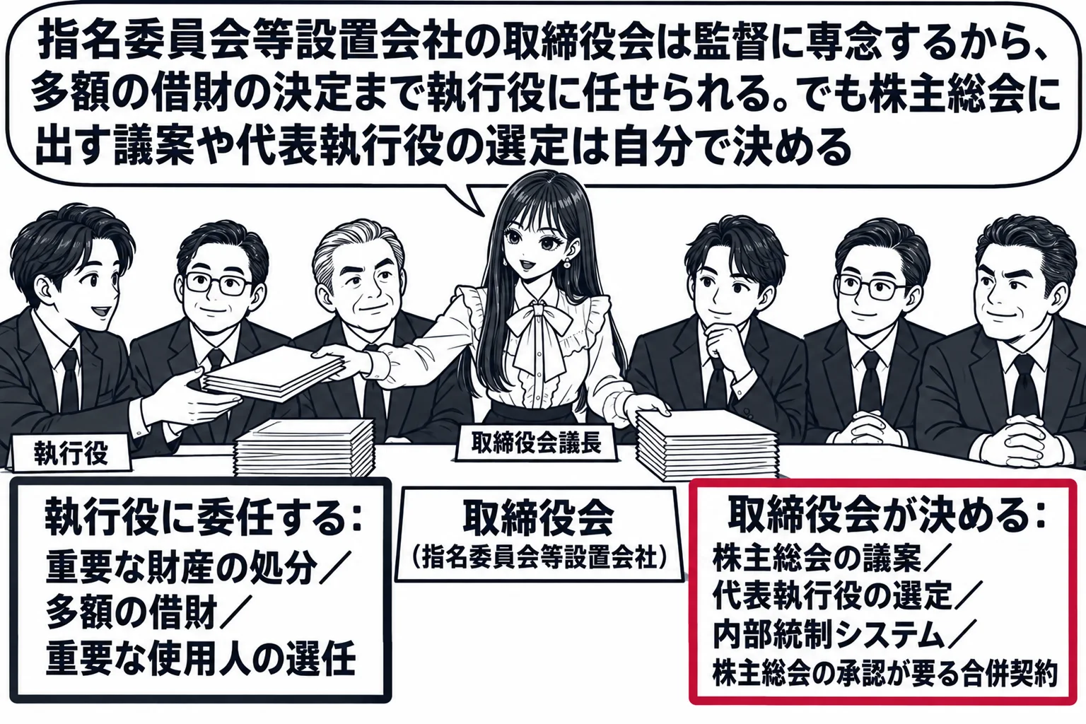 取締役会の会議室の場面。長机に男性取締役5人が座り、机の中央に札「取締役会（指名委員会等設置会社）」。先生が議長役（札「取締役会議長」）で立ち、書類の束を2つに分けて机に置いている。左の束に札「執行役に委任する：重要な財産の処分／多額の借財