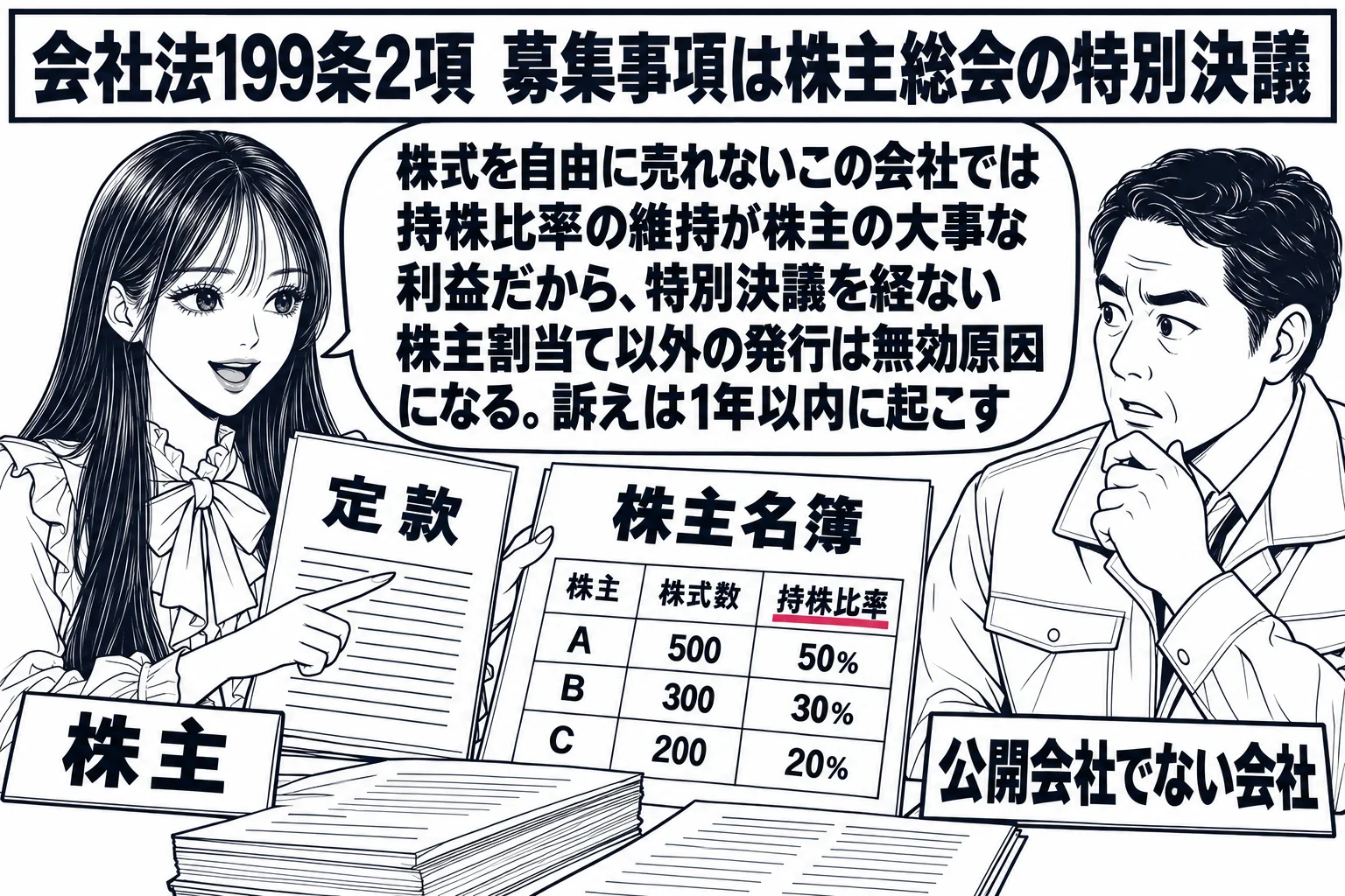 小さな町工場の事務室の場面。先生が株主役（札「株主」）で机の向こうの社長の男性（札「公開会社でない会社」）に定款と株主名簿を示している。壁の看板「会社法199条2項　募集事項は株主総会の特別決議」。先生の手元の株主名簿の持株比率の欄に深紅の