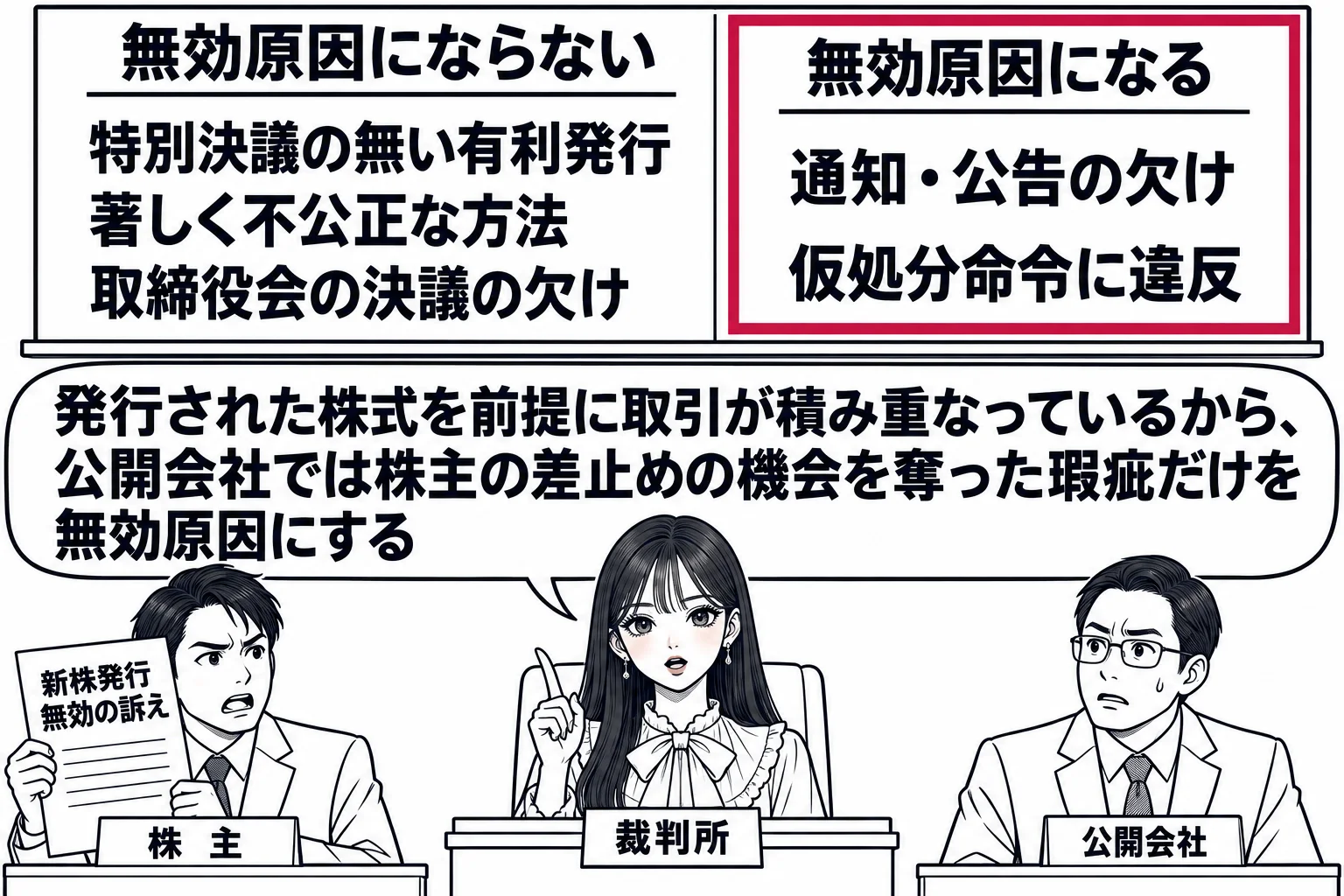 法廷の場面。先生が裁判官役（札「裁判所」）で法壇に座り、原告席に男性株主（札「株主」）が訴状「新株発行無効の訴え」を掲げ、被告席に会社の担当者の男性（札「公開会社」）。黒板に2列の板書。左の列の見出し「無効原因にならない」、その下に「特別決