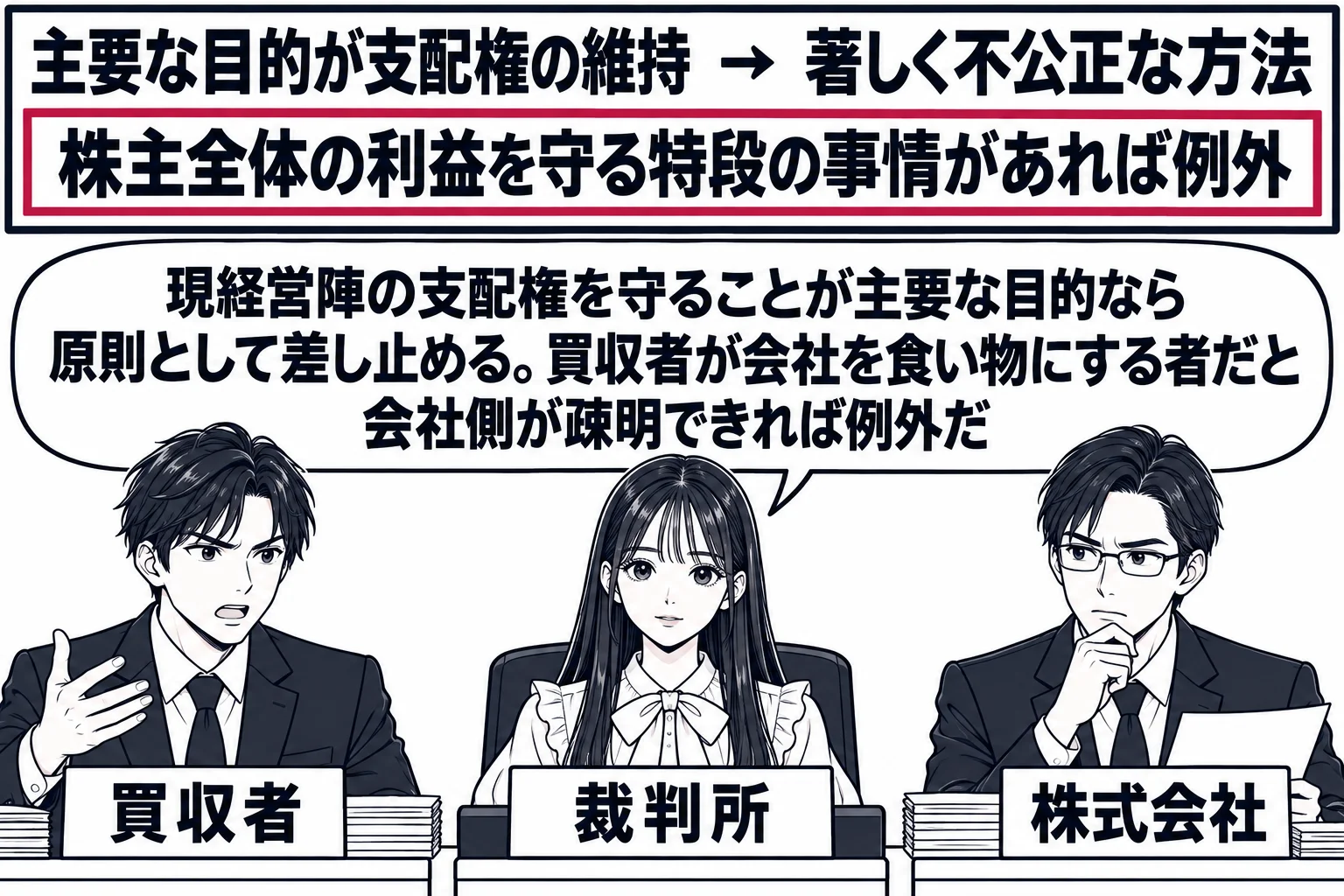 法廷の場面。先生が裁判官役（札「裁判所」）で法壇に座り、原告席に男性（札「買収者」）、被告席に会社の担当者の男性（札「株式会社」）。黒板に板書「主要な目的が支配権の維持　→　著しく不公正な方法」、その下に「株主全体の利益を守る特段の事情があ