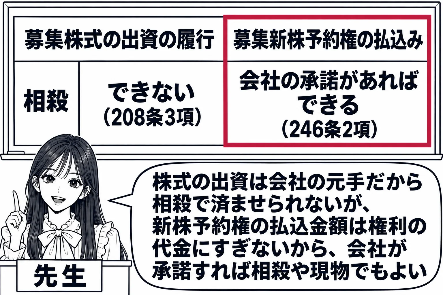 教室の場面。先生が教壇に立ち、黒板に2列の表。見出しは左から「募集株式の出資の履行」「募集新株予約権の払込み」。行「相殺」の欄に、左は「できない（208条3項）」、右は「会社の承諾があればできる（246条2項）」。右の欄を深紅の枠で囲む。先
