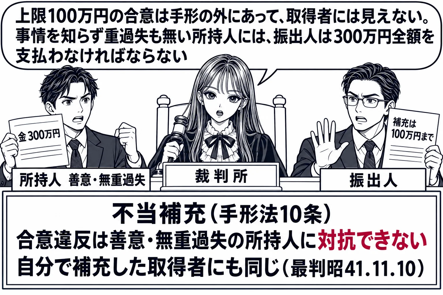 法廷の場面。先生が裁判官役（札「裁判所」）で法壇に座る。原告席に男性（札「所持人　善意・無重過失」）が「金 300万円」と書き込まれた手形を掲げ、被告席に男性社長（札「振出人」）が覚書「補充は100万円まで」を掲げている。法壇の前の板書「不