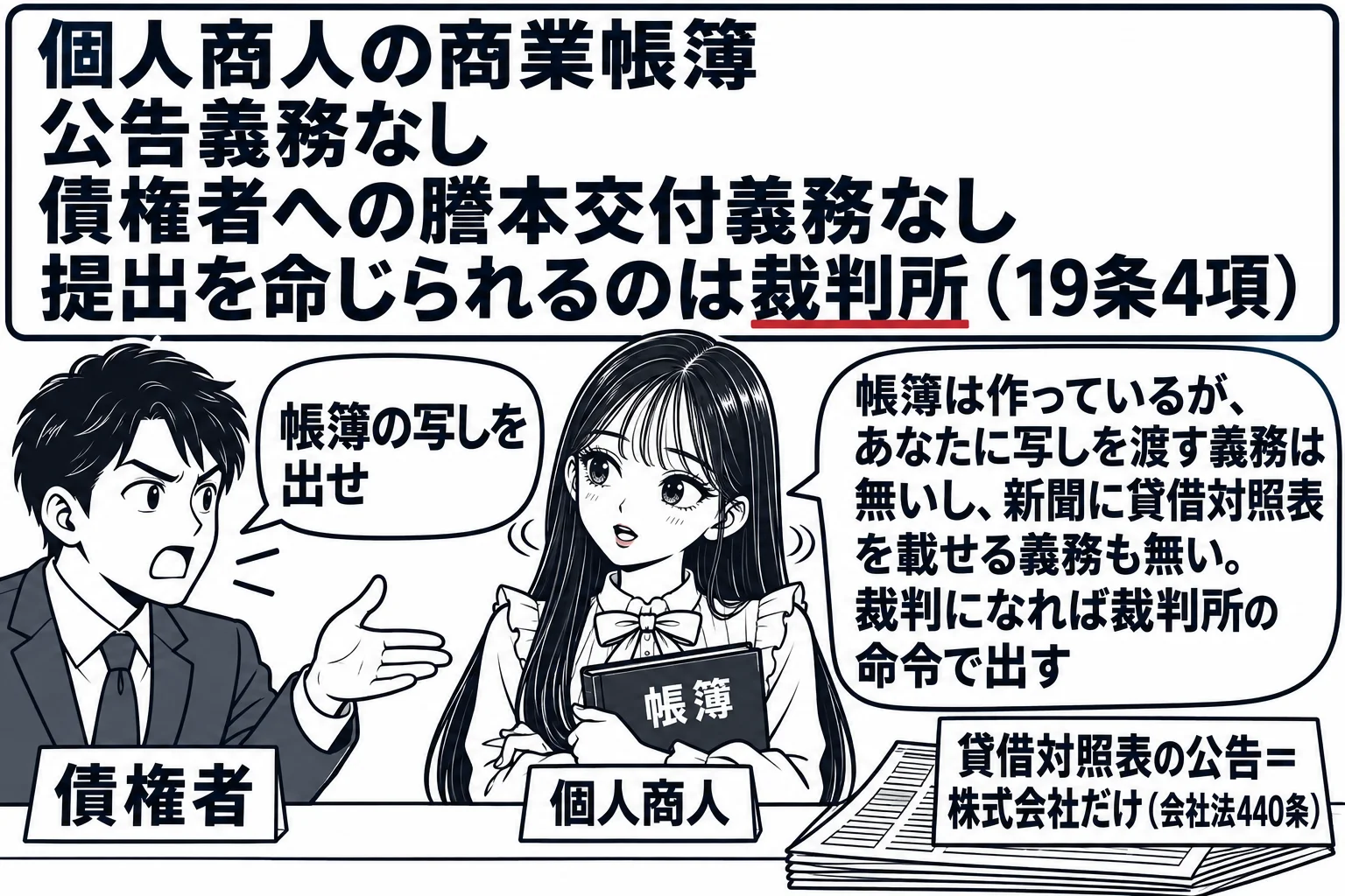 商店の店先の場面。先生が店主役（札「個人商人」）でカウンターに立ち、男性の取引先（札「債権者」）が「帳簿の写しを出せ」と吹き出しで求め、先生は帳簿を抱えて首を横に振っている。カウンターの横に新聞が置かれ、新聞の上に札「貸借対照表の公告＝株式
