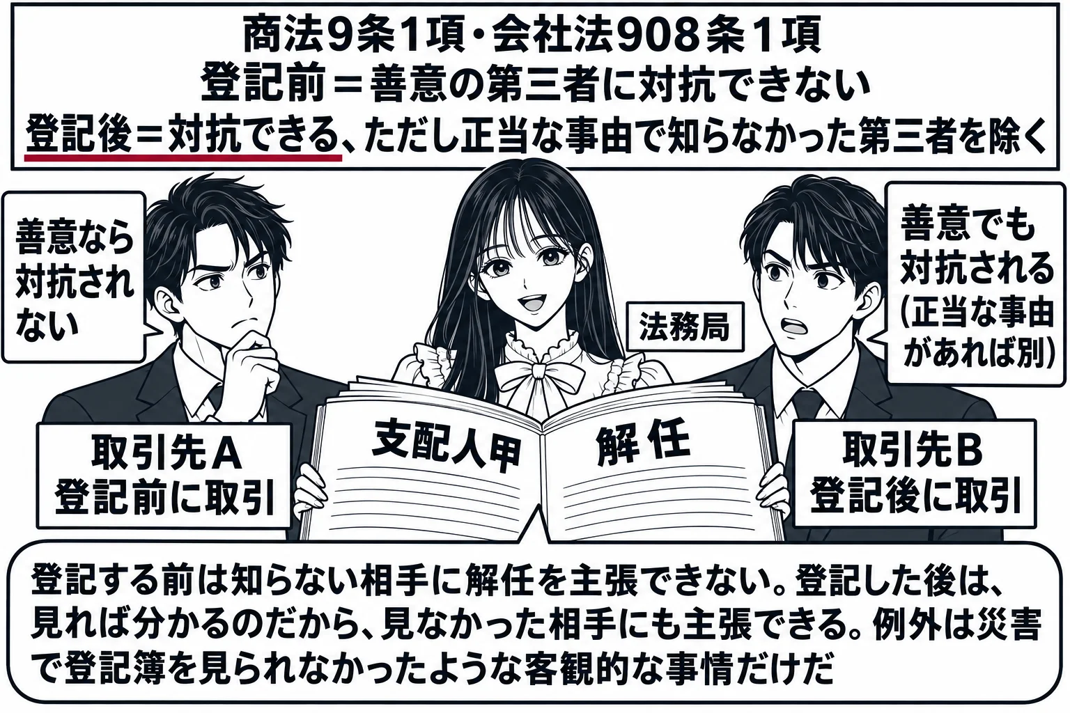 法務局の閲覧室の場面。先生が登記官役（札「法務局」）で登記簿を広げ、左右に2人の男性。左の男性（札「取引先A　登記前に取引」）の横に「善意なら対抗されない」、右の男性（札「取引先B　登記後に取引」）の横に「善意でも対抗される（正当な事由があ