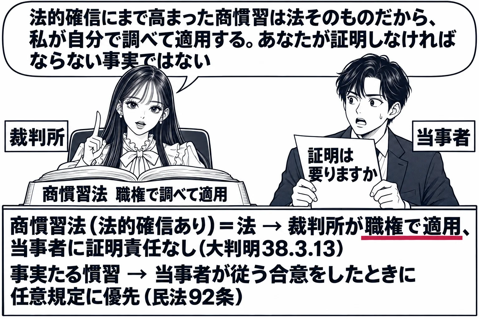 法廷の場面。先生が裁判官役（札「裁判所」）で法壇に座り、手元に分厚い本（札「商慣習法　職権で調べて適用」）を開いている。原告席に男性（札「当事者」）が「証明は要りますか」と書いた紙を掲げる。法壇の前の板書「商慣習法（法的確信あり）＝法 → 