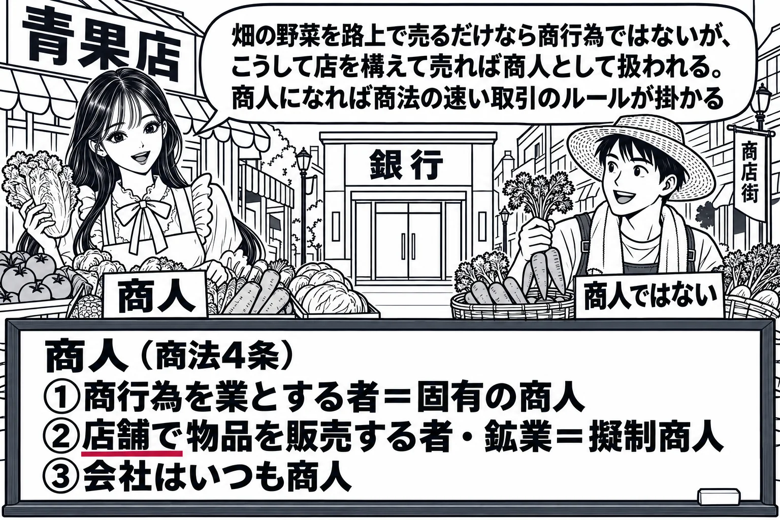 商店街の場面。先生が店主役（札「商人」）で八百屋の店先に立ち、エプロン姿で野菜を並べている。店の看板「青果店」。隣に銀行の建物（看板「銀行」）と、路上で自分の畑の野菜を売る男性農家（札「商人ではない」）。店の前の黒板に「商人（商法4条）　①