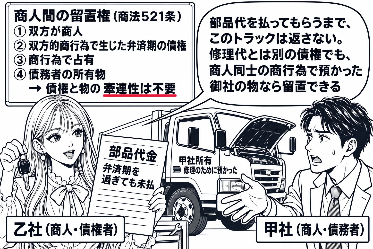 自動車整備工場の場面。先生が整備会社の社長役（札「乙社（商人・債権者）」）で、修理中のトラック（札「甲社所有　修理のために預かった」）の前に立ち、手に請求書「部品代金　弁済期を過ぎても未払」。向かいに男性（札「甲社（商人・債務者）」）がトラ