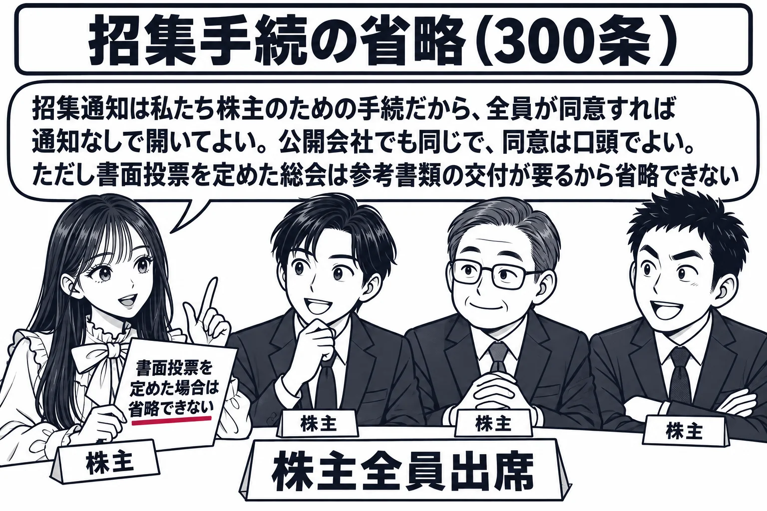 小さな会社の会議室の場面。先生が株主役（札「株主」）で机を囲む男性株主3人（札「株主」）と一緒に座り、机の上に札「株主全員出席」。壁の看板「招集手続の省略（300条）」。先生の手元の紙に「書面投票を定めた場合は省略できない」と書かれ、その行