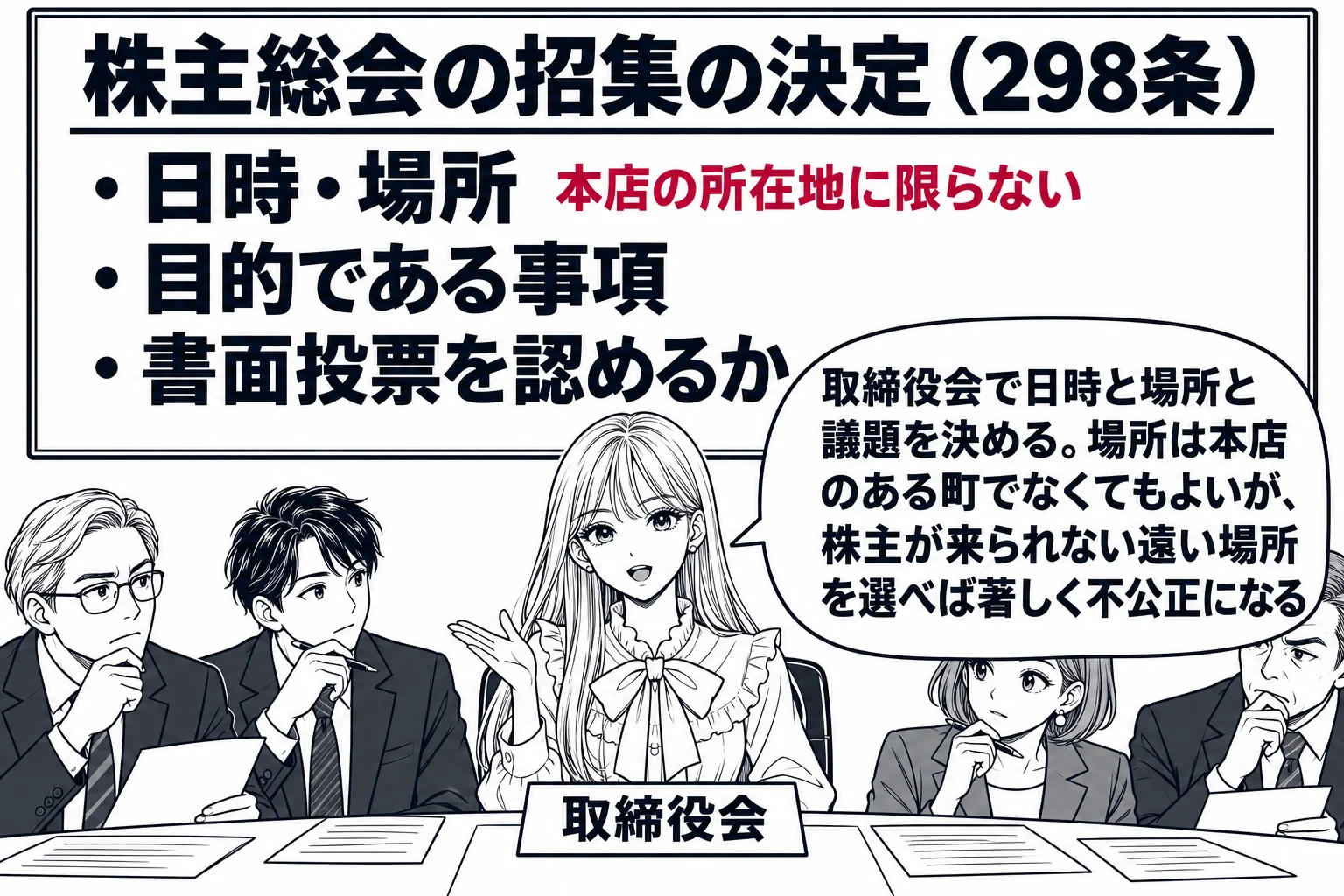 取締役会の会議室の場面。先生が取締役役（札「取締役会」）で長机の上座に座り、黒板に板書「株主総会の招集の決定（298条）」の下に「日時・場所」「目的である事項」「書面投票を認めるか」の3行。「場所」の横に深紅の文字「本店の所在地に限らない」