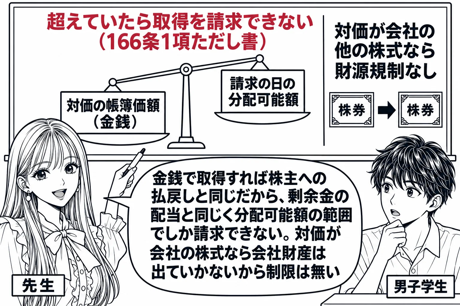 教室の場面。先生が黒板の前に立ち、黒板に天秤の絵を描く。左の皿に札「対価の帳簿価額（金銭）」、右の皿に札「請求の日の分配可能額」。左の皿が下がって重く、天秤の上に深紅の文字「超えていたら取得を請求できない（166条1項ただし書）」。黒板の端
