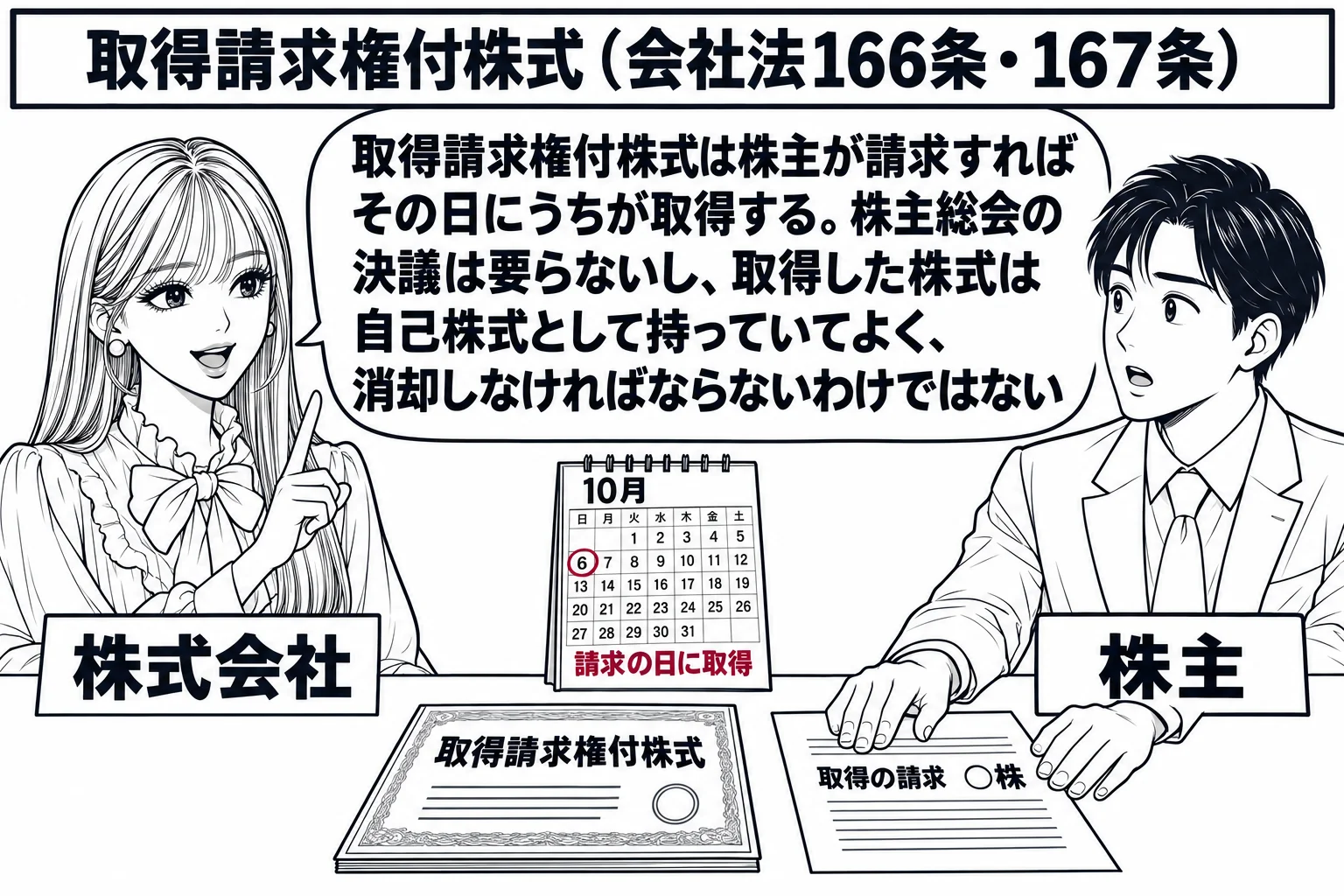 会社の窓口の場面。先生が会社の担当者役（札「株式会社」）でカウンターの内側に立ち、向かいに男性株主（札「株主」）が株券（札「取得請求権付株式」）と書面「取得の請求　○株」をカウンターに置く。カウンターの上に小さなカレンダーがあり、今日の日付