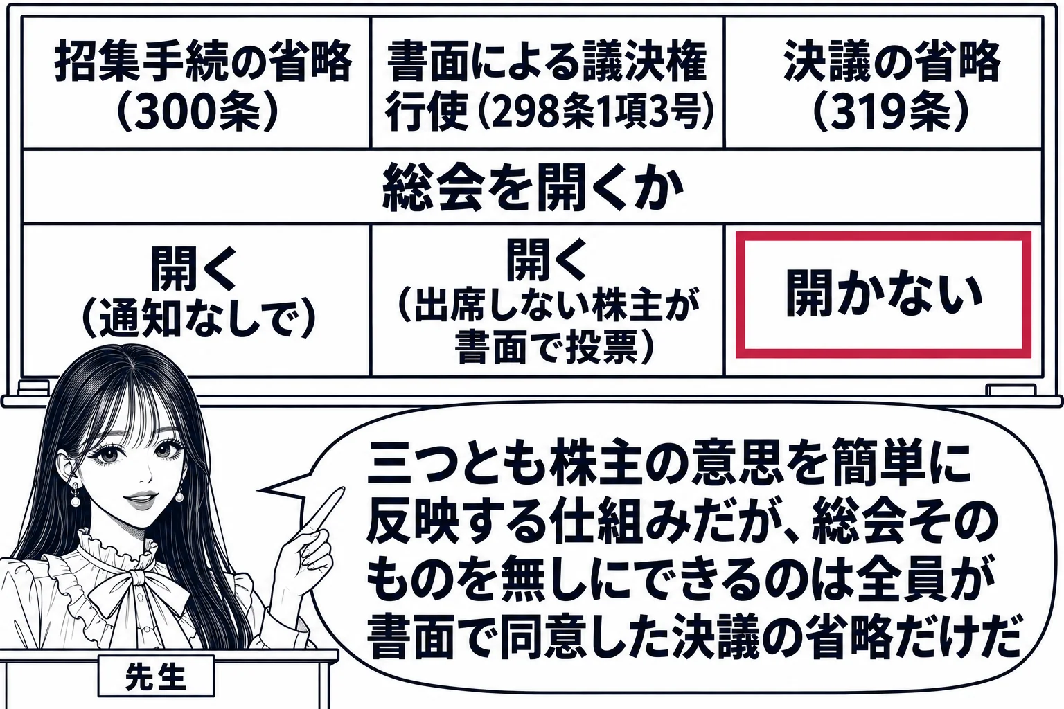 教室の場面。先生が教壇に立ち、黒板に3列の表。見出しは左から「招集手続の省略（300条）」「書面による議決権行使（298条1項3号）」「決議の省略（319条）」。行「総会を開くか」の欄に、左から「開く（通知なしで）」「開く（出席しない株主が